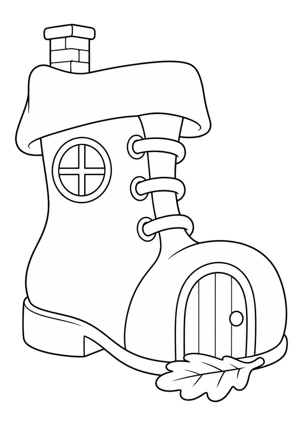 Casetta a forma di stivale con tetto a risvolto, comignolo, finestra tonda, lacci, porta ad arco e zerbino a foglia di quercia.
