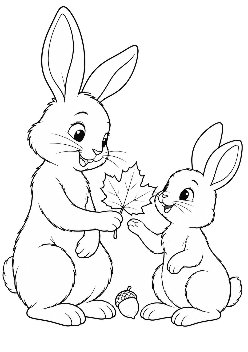 Two seated bunnies sharing a maple leaf, with an acorn between their feet.