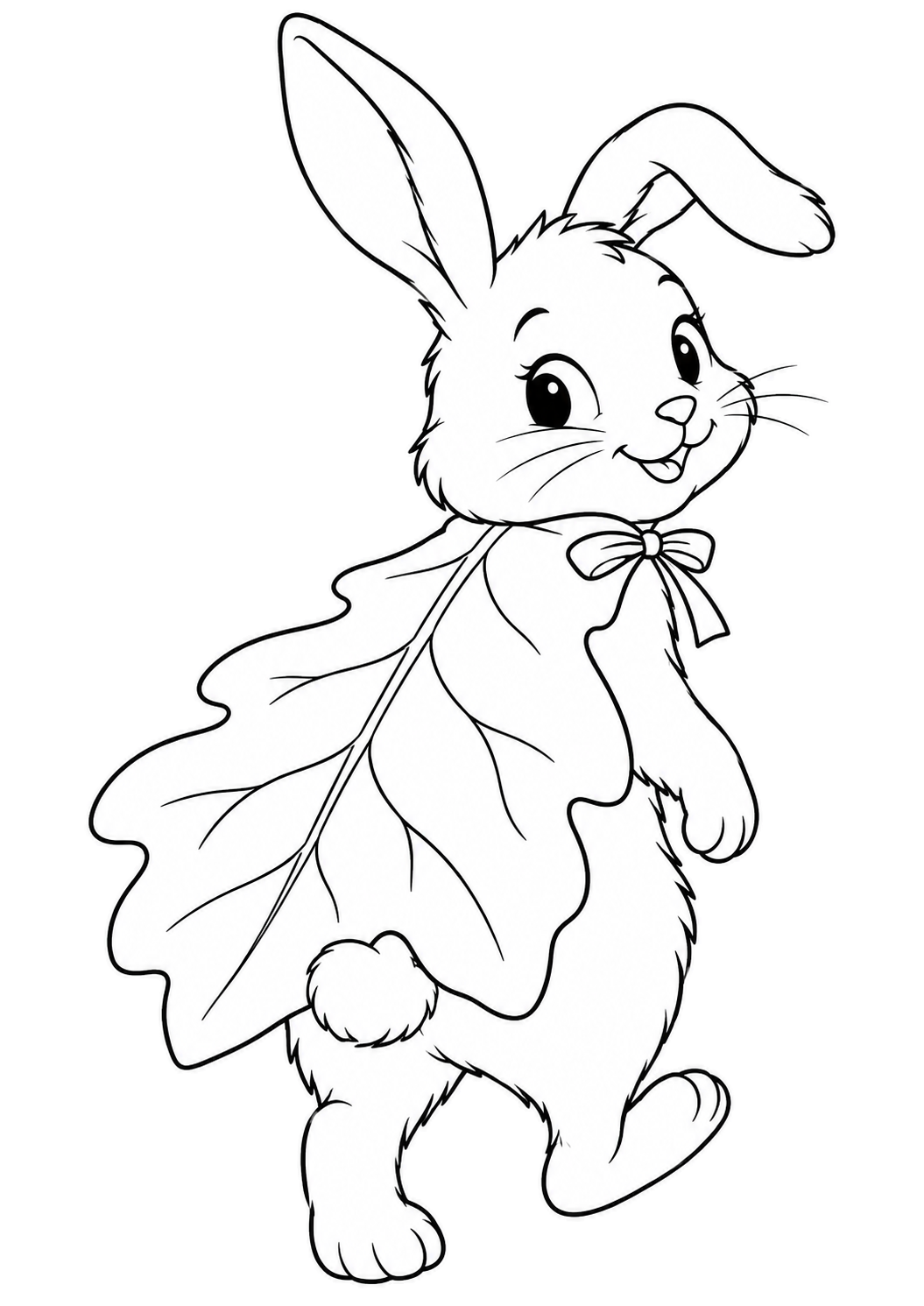 A bunny looks back while walking in an oak-leaf cape tied with a bow; its round tail peeks out below.