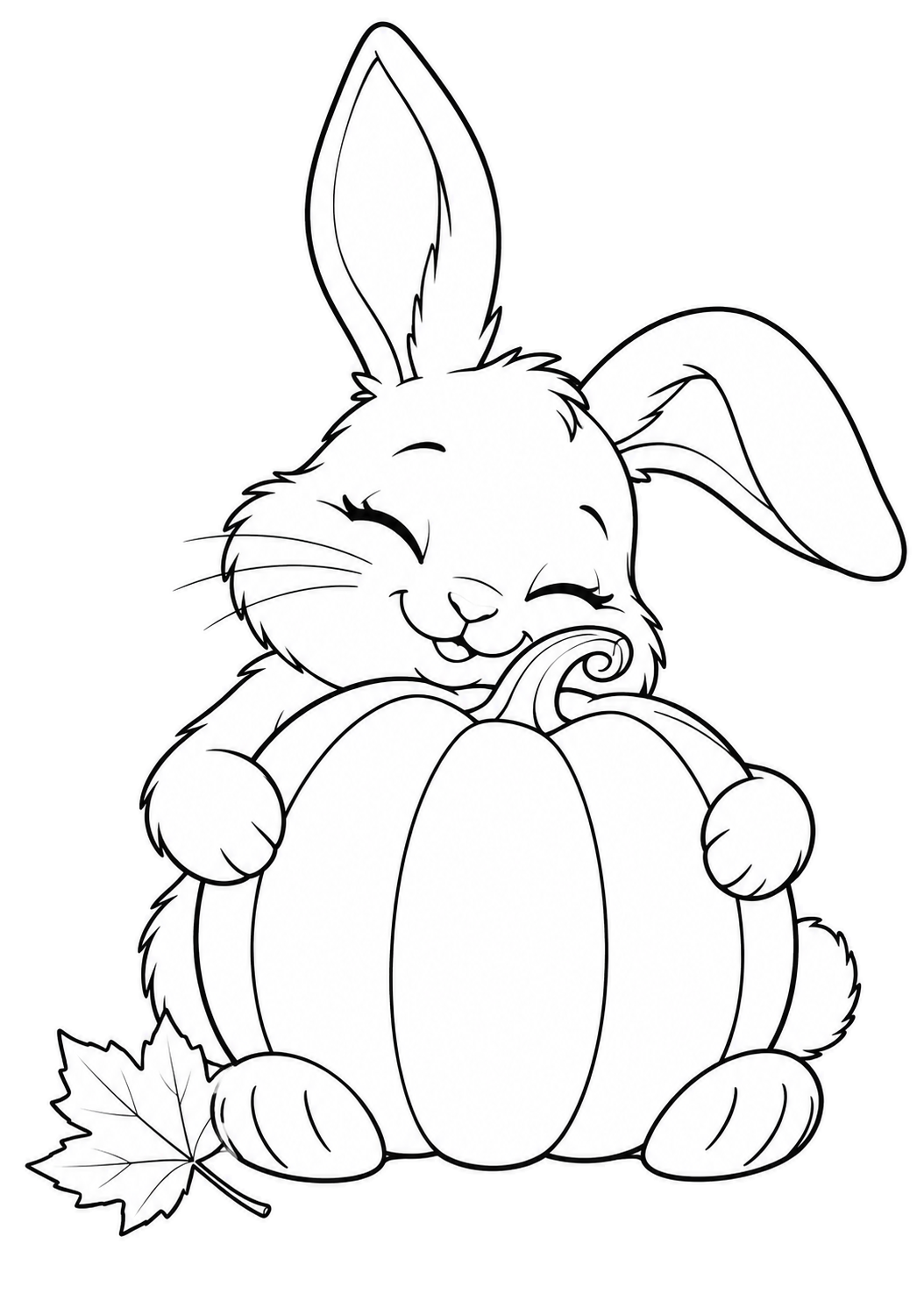 Happy bunny with closed eyes hugging a large pumpkin beside a maple leaf.