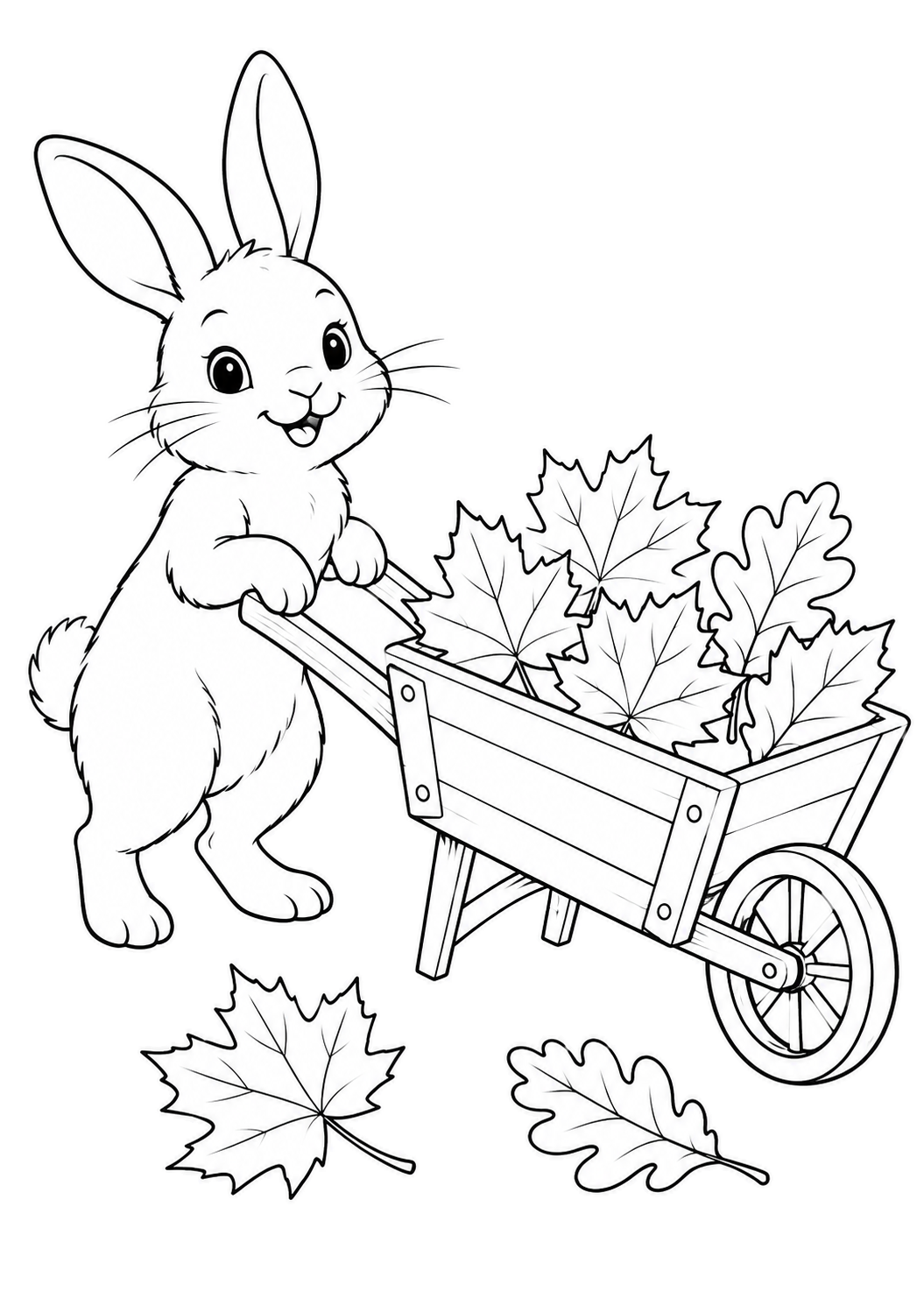 Bunny holding a wooden wheelbarrow filled with autumn leaves, with maple and oak leaves on the ground