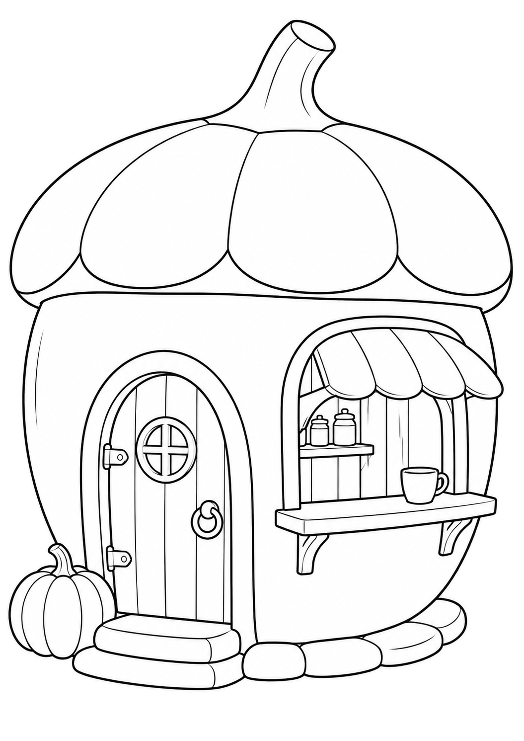 Caffetteria a forma di ghianda con porta ad arco, sportello, tazza e zucca.