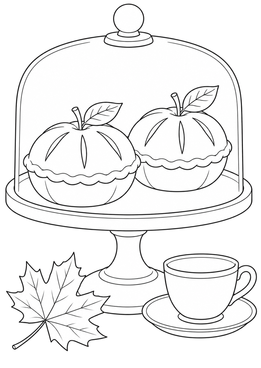 Due dolcetti a forma di mela sotto una campana di vetro, con una tazza e una foglia d’acero accanto.