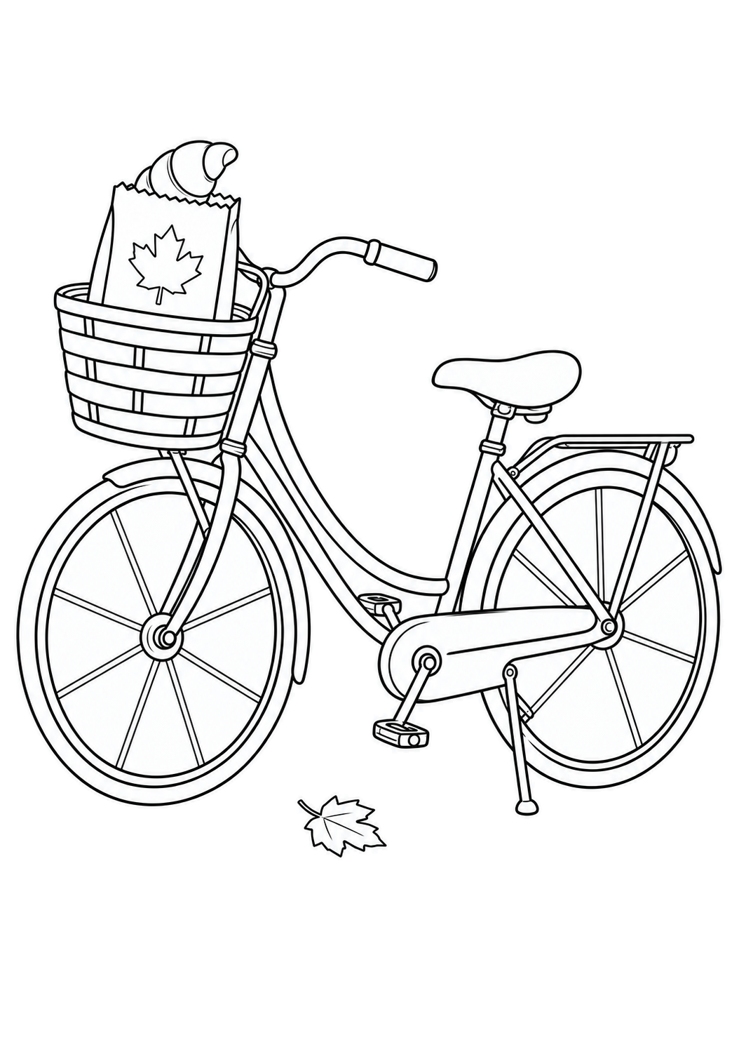 Bicicleta de cuadro bajo con una bolsa de papel decorada con una hoja de arce y un cruasán en la cesta, junto a una hoja caída.