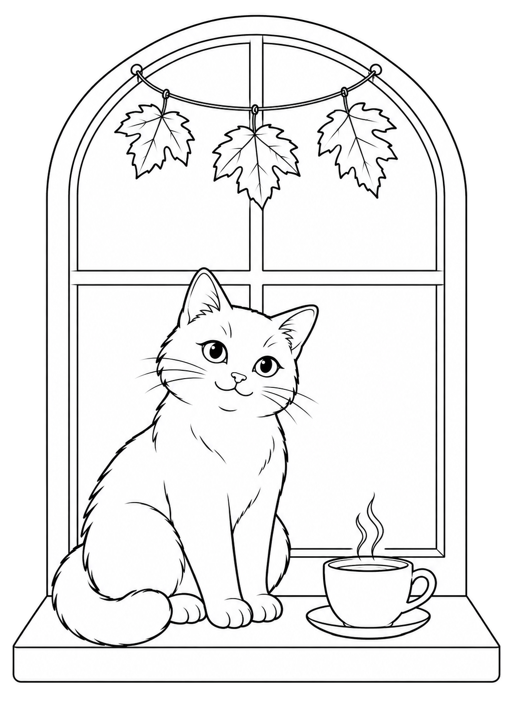 Gato sentado junto a una taza en el alféizar de un café, bajo tres hojas de arce colgantes.