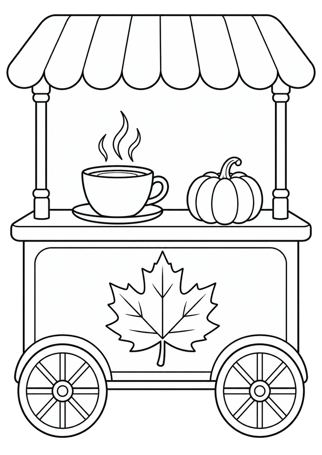 Carrito de café de dos ruedas con toldo, emblema de hoja de arce, taza y calabaza.