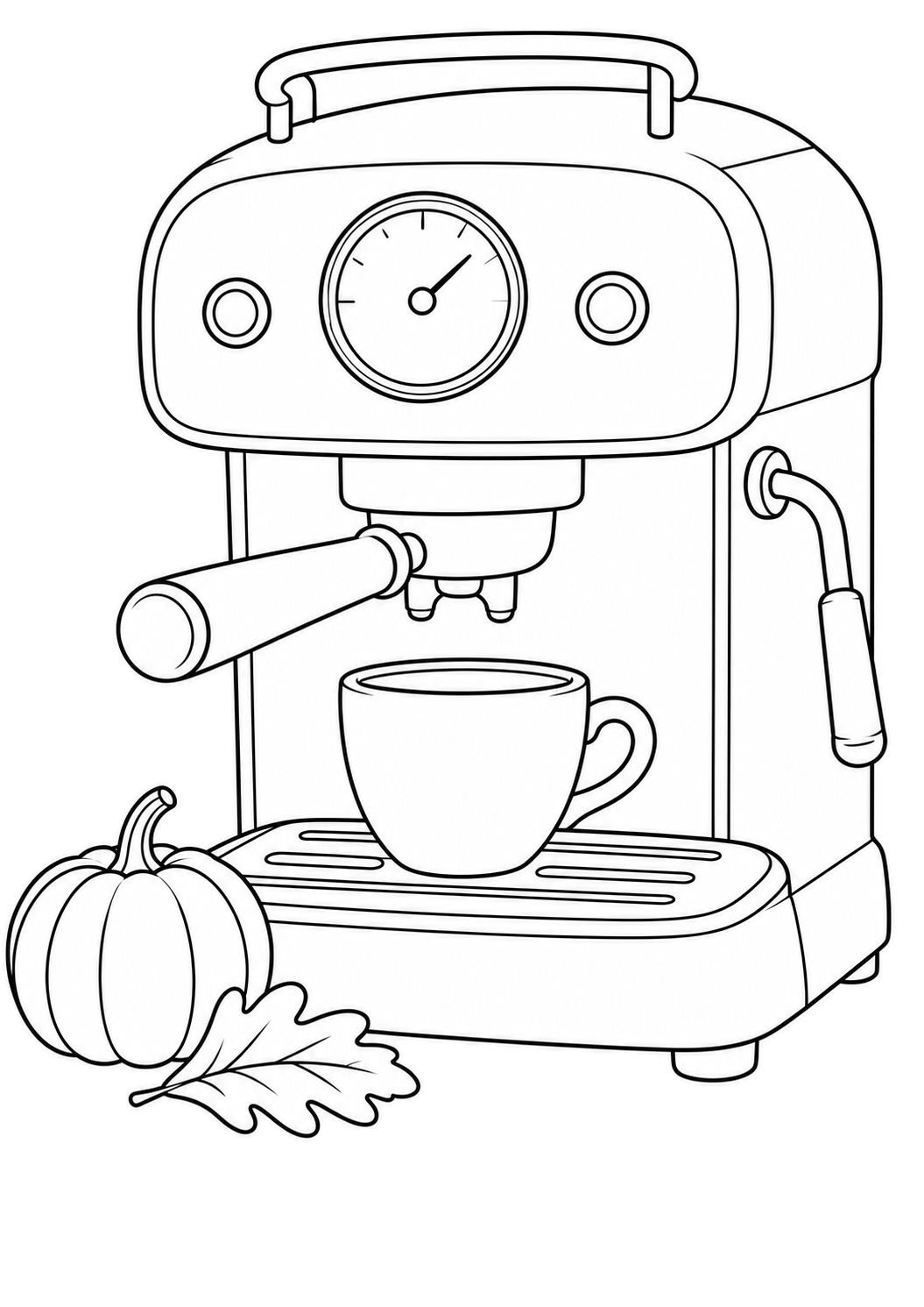 Retro-Espressomaschine mit rundem Druckmesser, Tasse, Dampflanze, Kürbis und Eichenblatt.