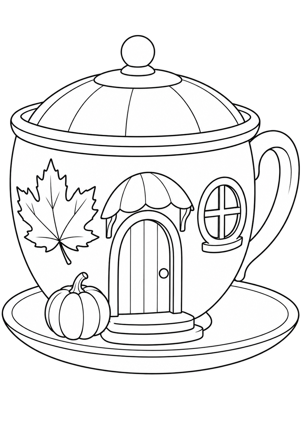 Caffetteria a forma di tazza su un piattino, con tetto a cupola, porta, finestra, foglia d’acero e zucca.