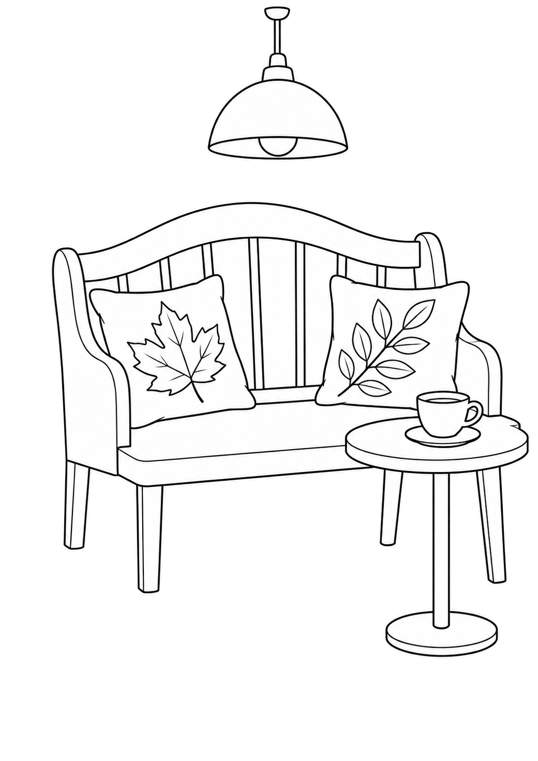 Banc en bois avec deux coussins à motifs de feuilles, une suspension et une table portant une tasse et sa soucoupe.