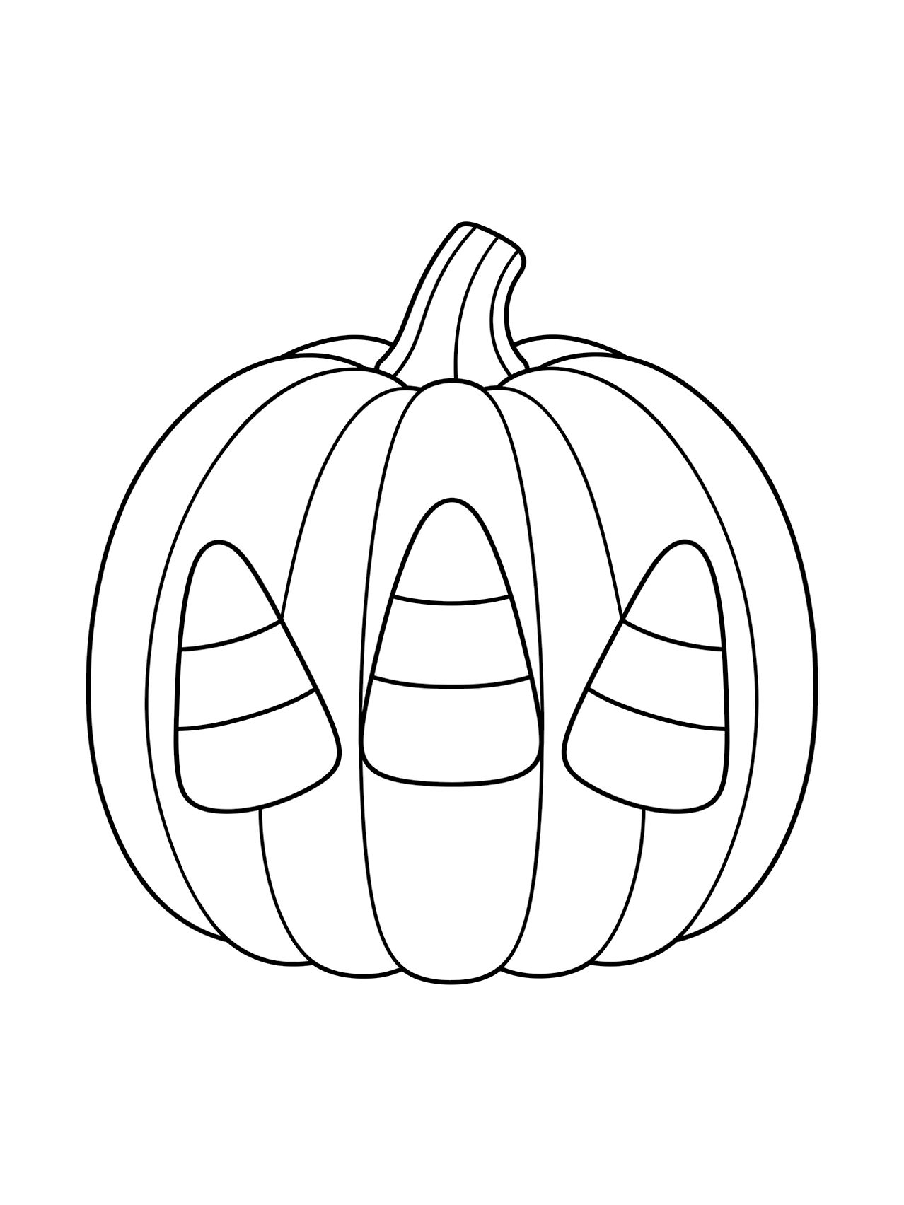Candy Corn Carved Pumpkin Coloring Page with three large candy corn shaped windows with simple stripe divisions, drawn as black line art on a white background