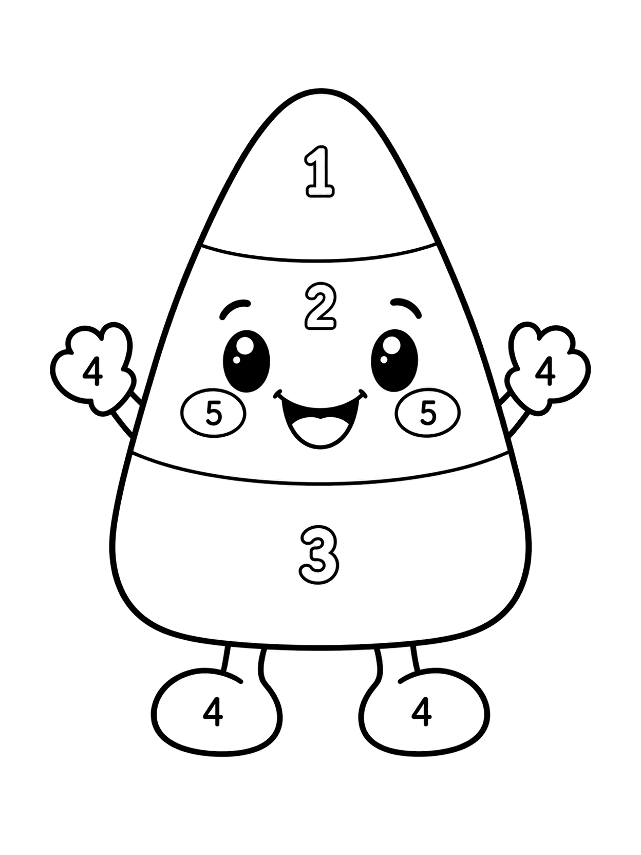 Конфета candy corn — раскраска по номерам: один центральный объект на Хэллоуин, понятные числа, широкие зоны для цвета и белый фон