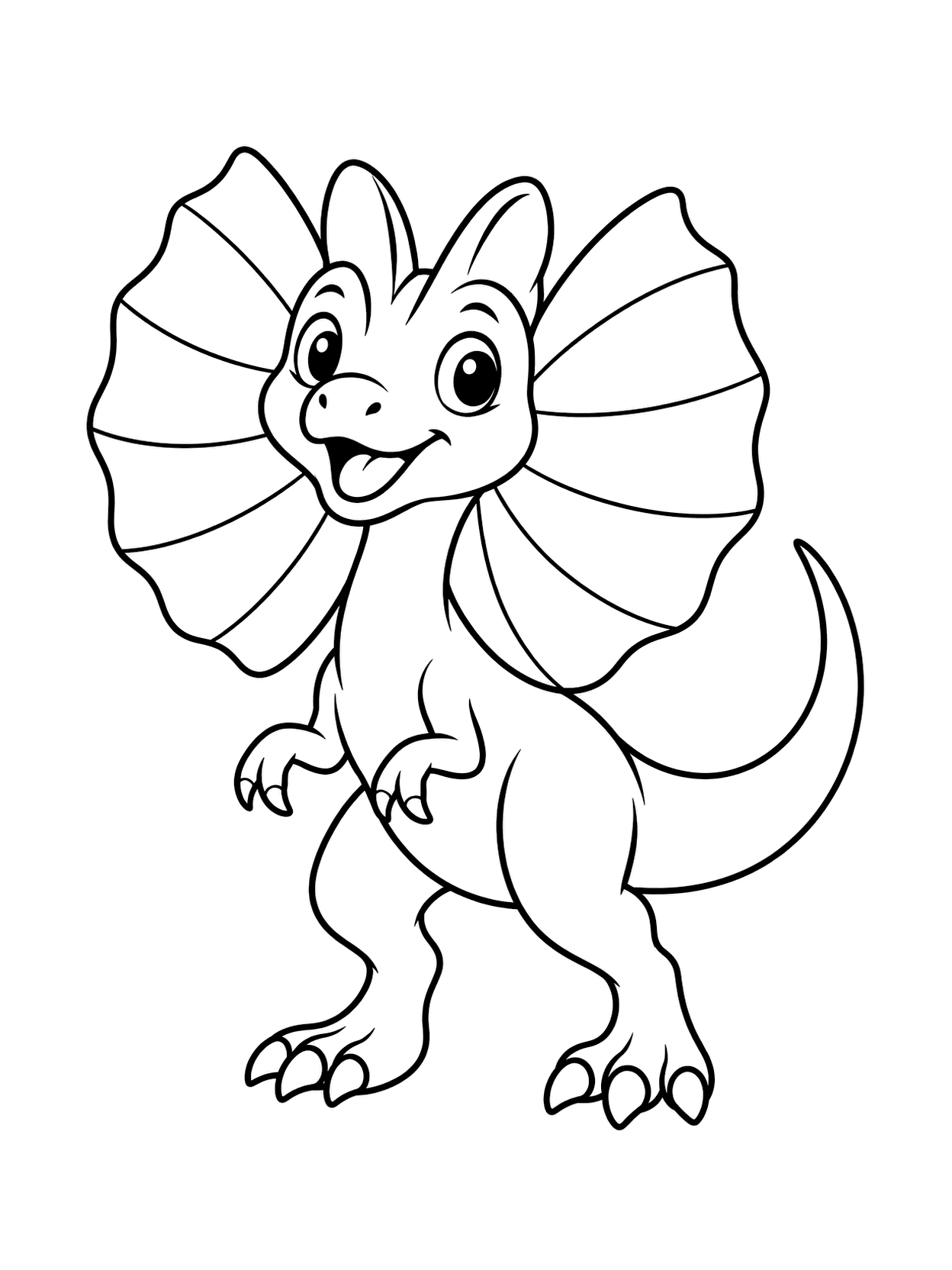 Candy Corn Frill Dilophosaurus Coloring Page with one central dinosaur, broad coloring spaces, simple Halloween costume detail, and a white background