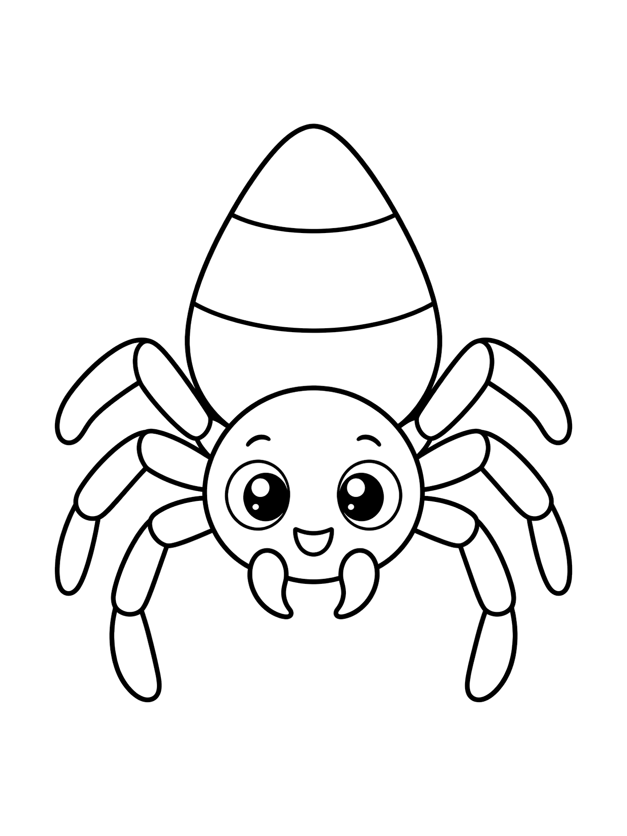 Araignée bonbon maïs à colorier avec une araignée mignonne avec un grand abdomen rayé comme un bonbon maïs, huit pattes arrondies, de grands yeux et de larges bandes, dessin au trait noir sur fond blanc