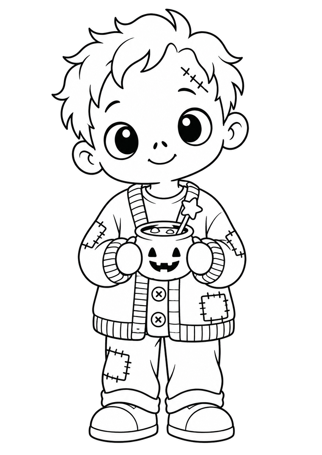 Zombie calme en gilet tenant une tasse en forme de chaudron