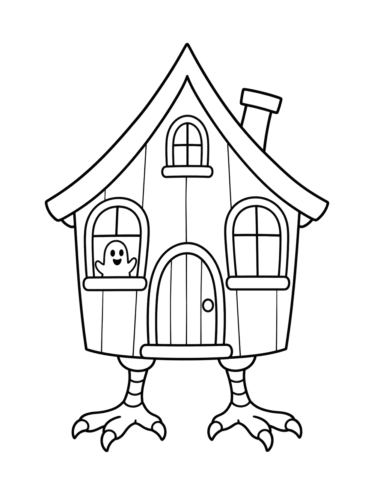 Casa dibujada en negro sobre dos patas de gallina de tres dedos, con tres ventanas, chimenea y un fantasma en la ventana izquierda