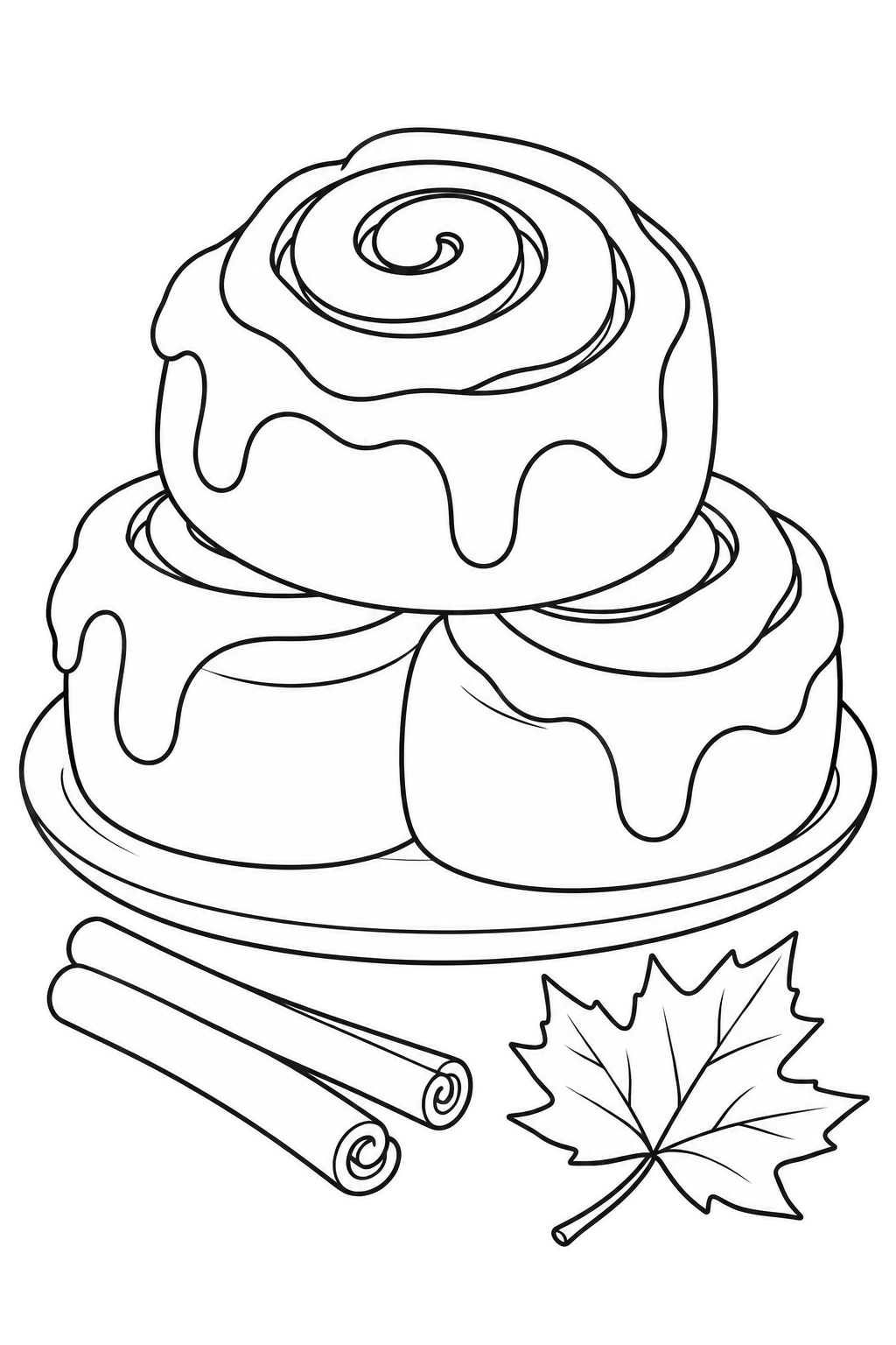 Three iced cinnamon rolls form a small stack on a plate beside two cinnamon sticks and a maple leaf.