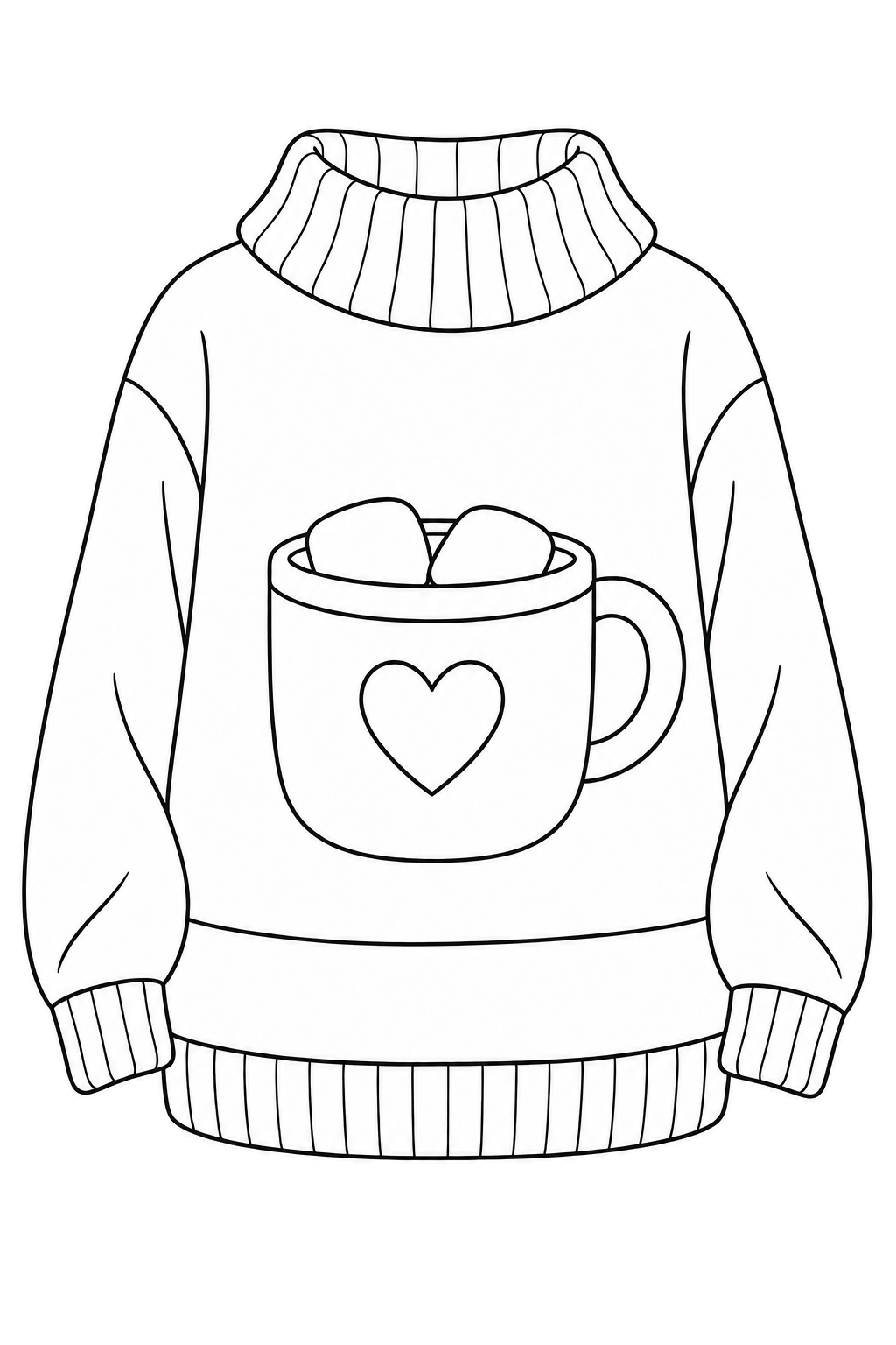Pull à col replié avec une grande poche en forme de tasse décorée d’un cœur et de deux motifs de guimauves.