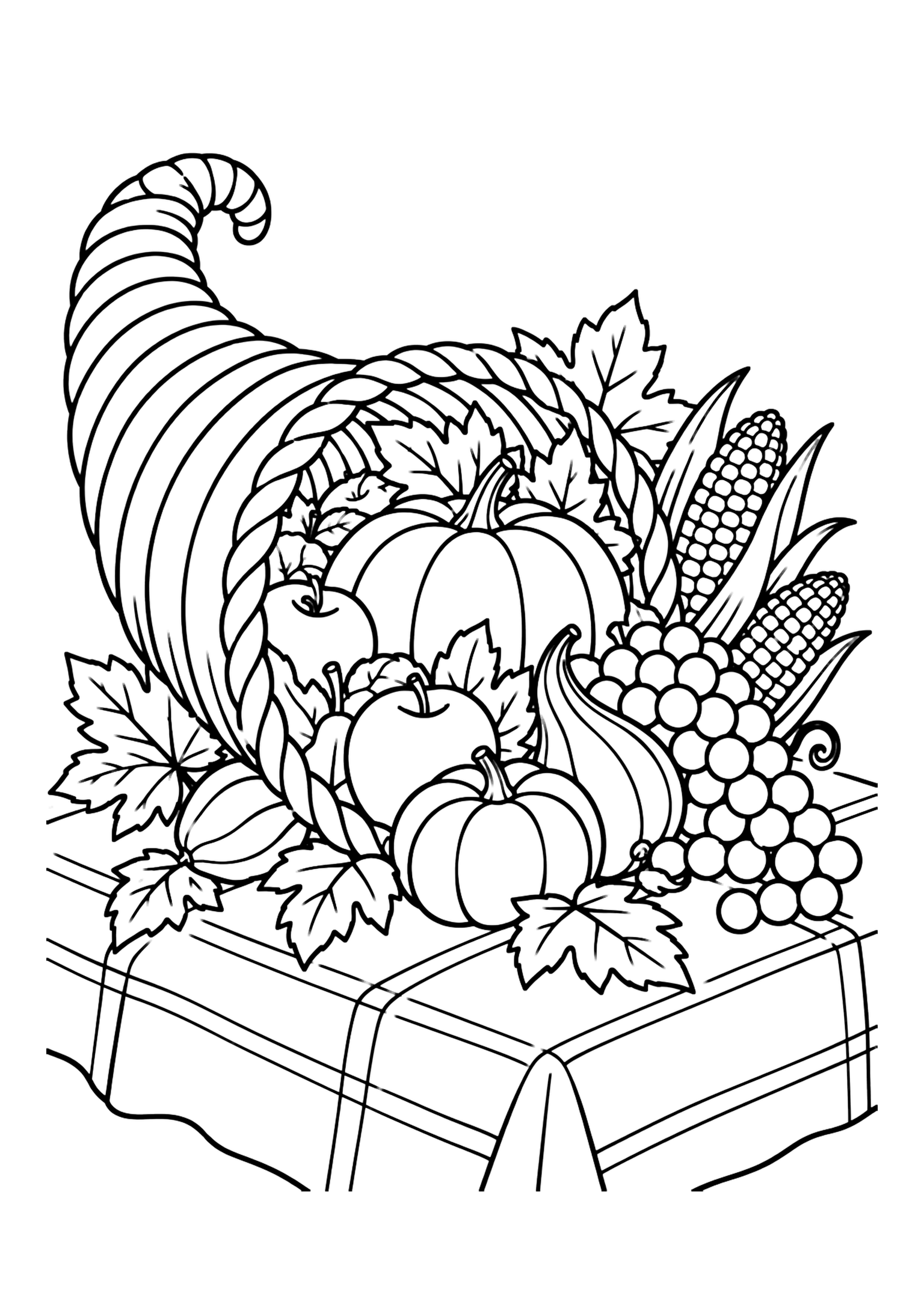 Cornucopia para colorear muestra un gran cuerno de la abundancia lleno de calabazas, manzanas, maíz, uvas, calabacines decorativos y hojas anchas de otoño sobre un mantel sencillo.