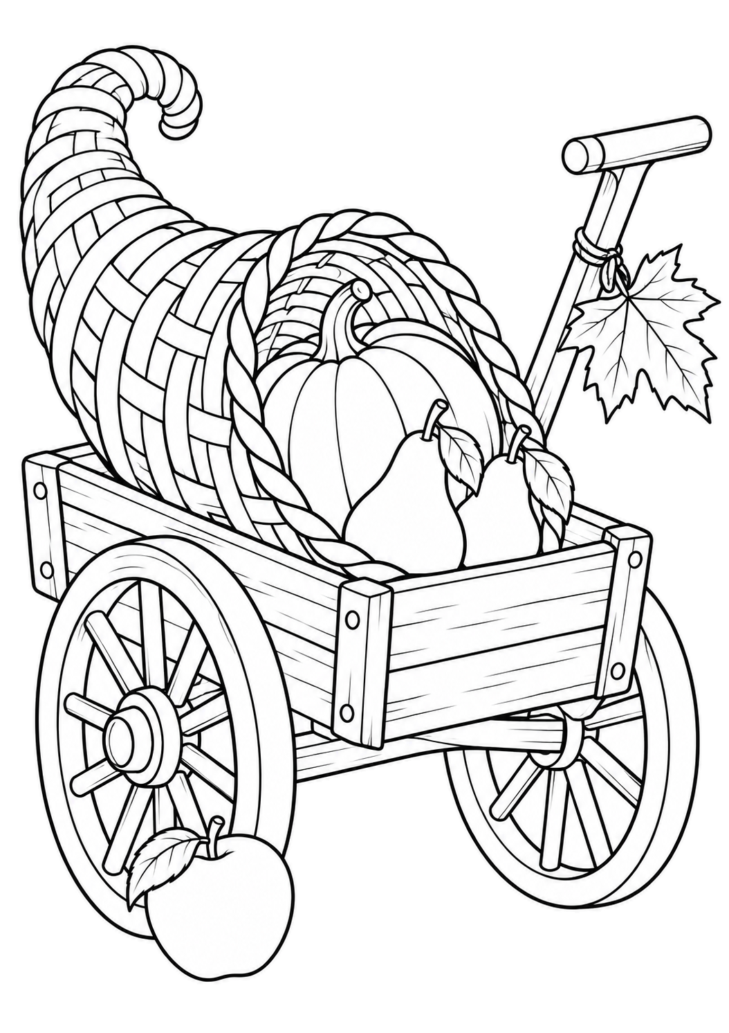 Carretto di legno a due ruote con una cornucopia, una zucca e due pere, e una mela accanto a una ruota.