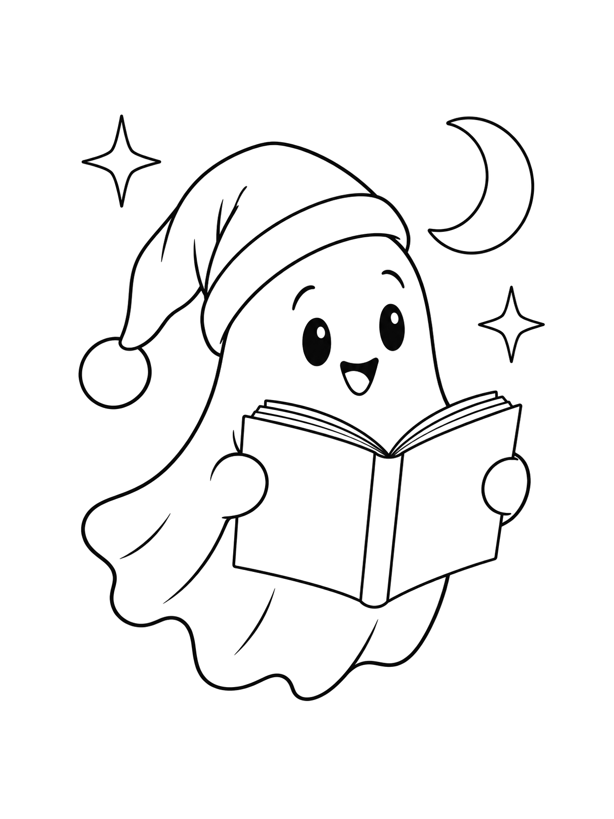 Fantasma sonriente con gorro de dormir y libro abierto junto a una luna creciente y dos estrellas