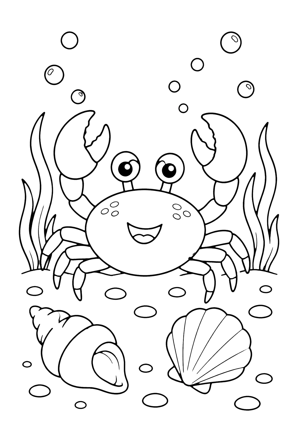 Crab And Shells Under The Sea Coloring Page