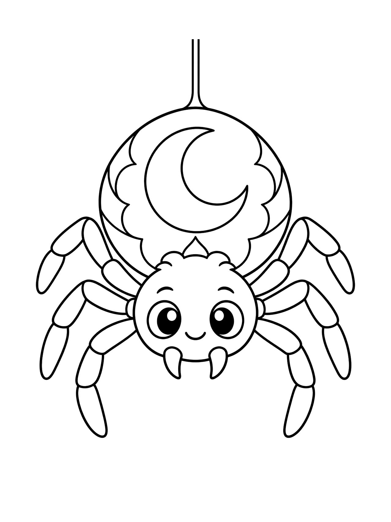 Ragno di Halloween con segno lunare da colorare con un ragno rotondo con una grande mezzaluna sull’addome, otto zampe arrotondate, occhi grandi e un breve filo, disegno a linee nere su sfondo bianco