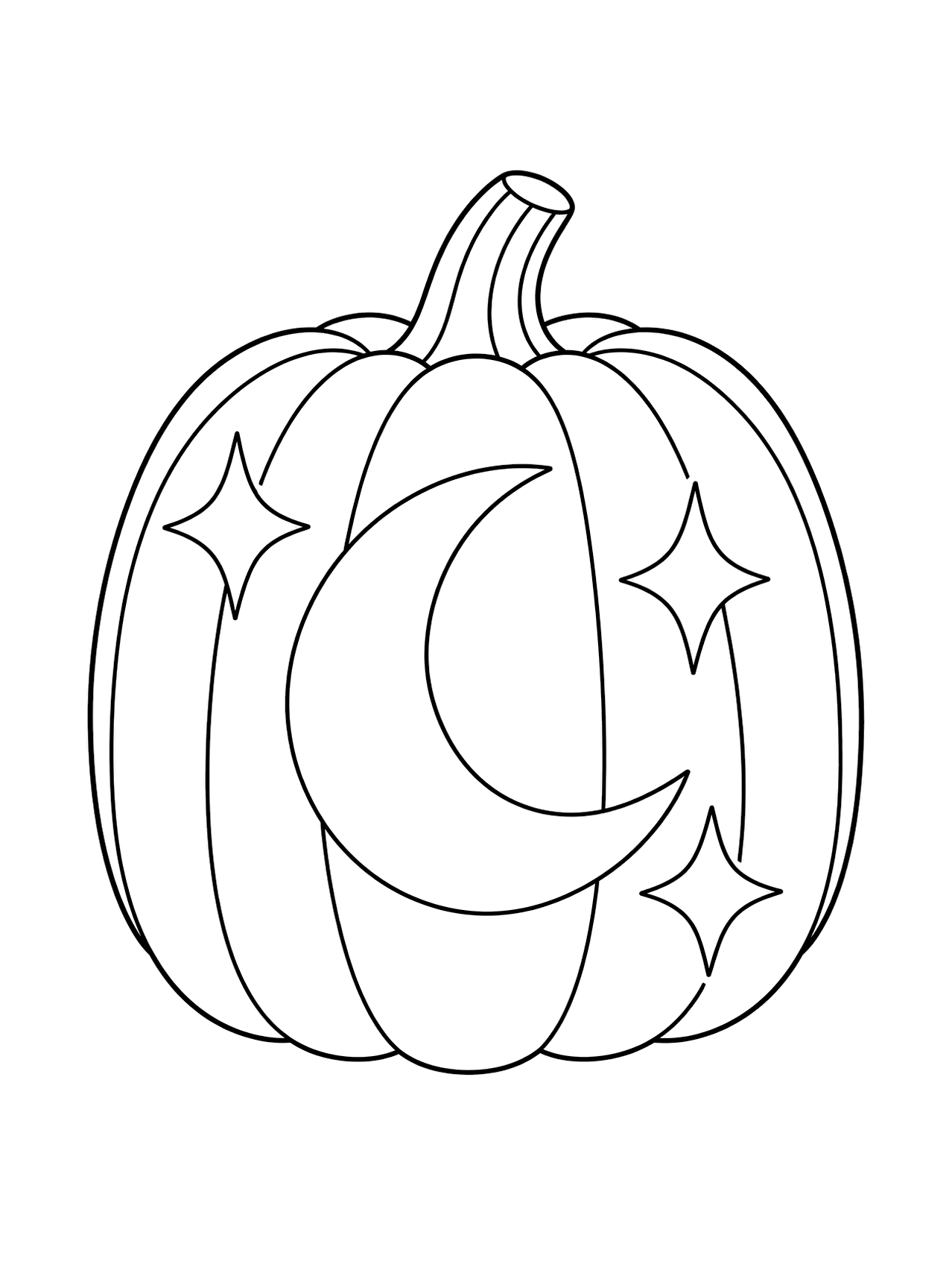 Crescent Moon Carved Pumpkin Coloring Page with a large crescent moon window and three broad sparkle openings, drawn as black line art on a white background