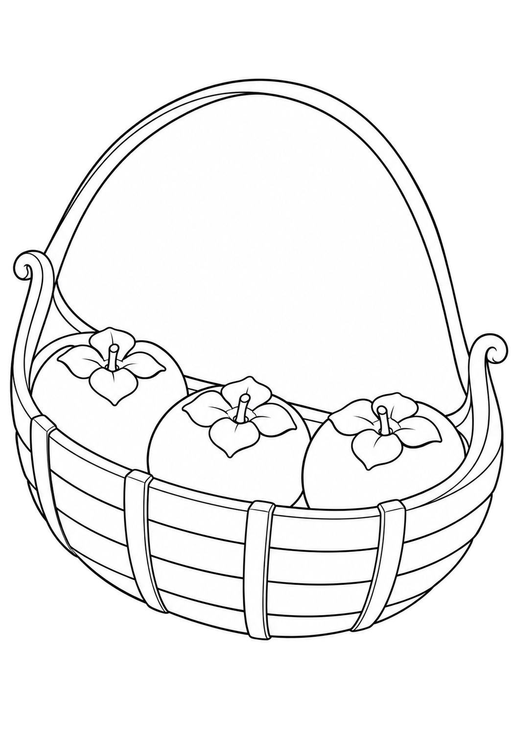 A crescent-shaped woven basket with curled ends and a tall handle holds three persimmons.