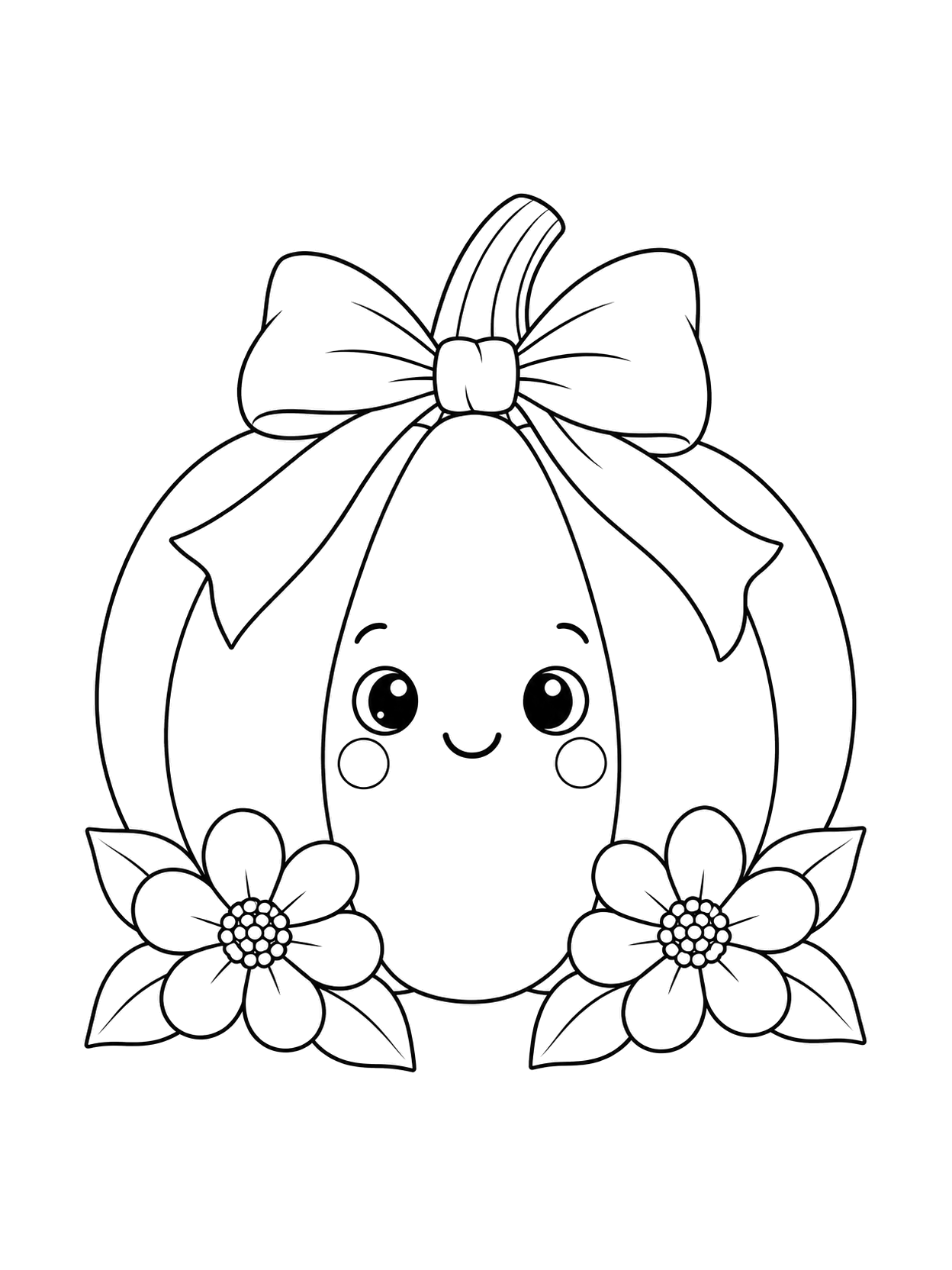 Cute smiling pumpkin with a large bow around its stem, round cheeks, and two flowers with leaves at its base