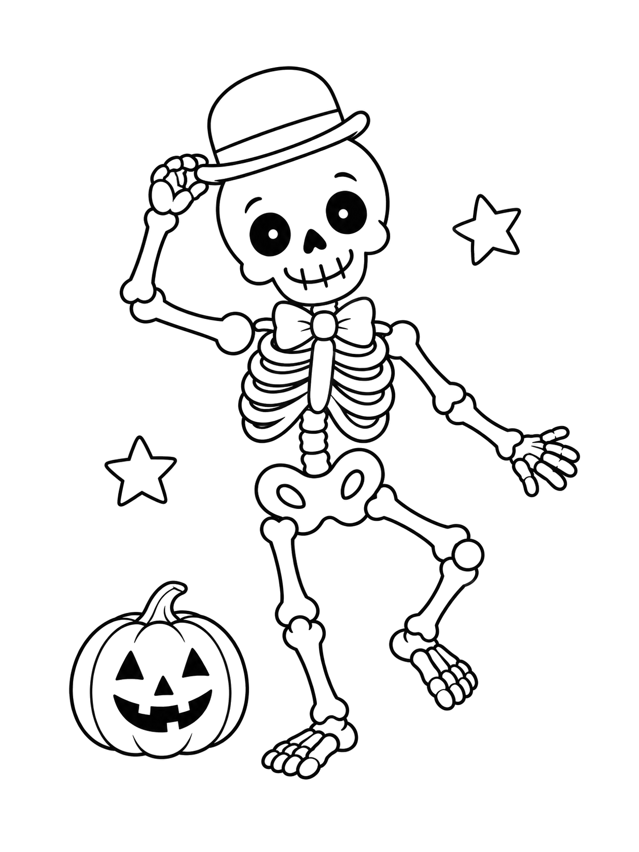 Scheletro sorridente che balla sollevando una bombetta vicino a due stelle e a una piccola zucca-lanterna