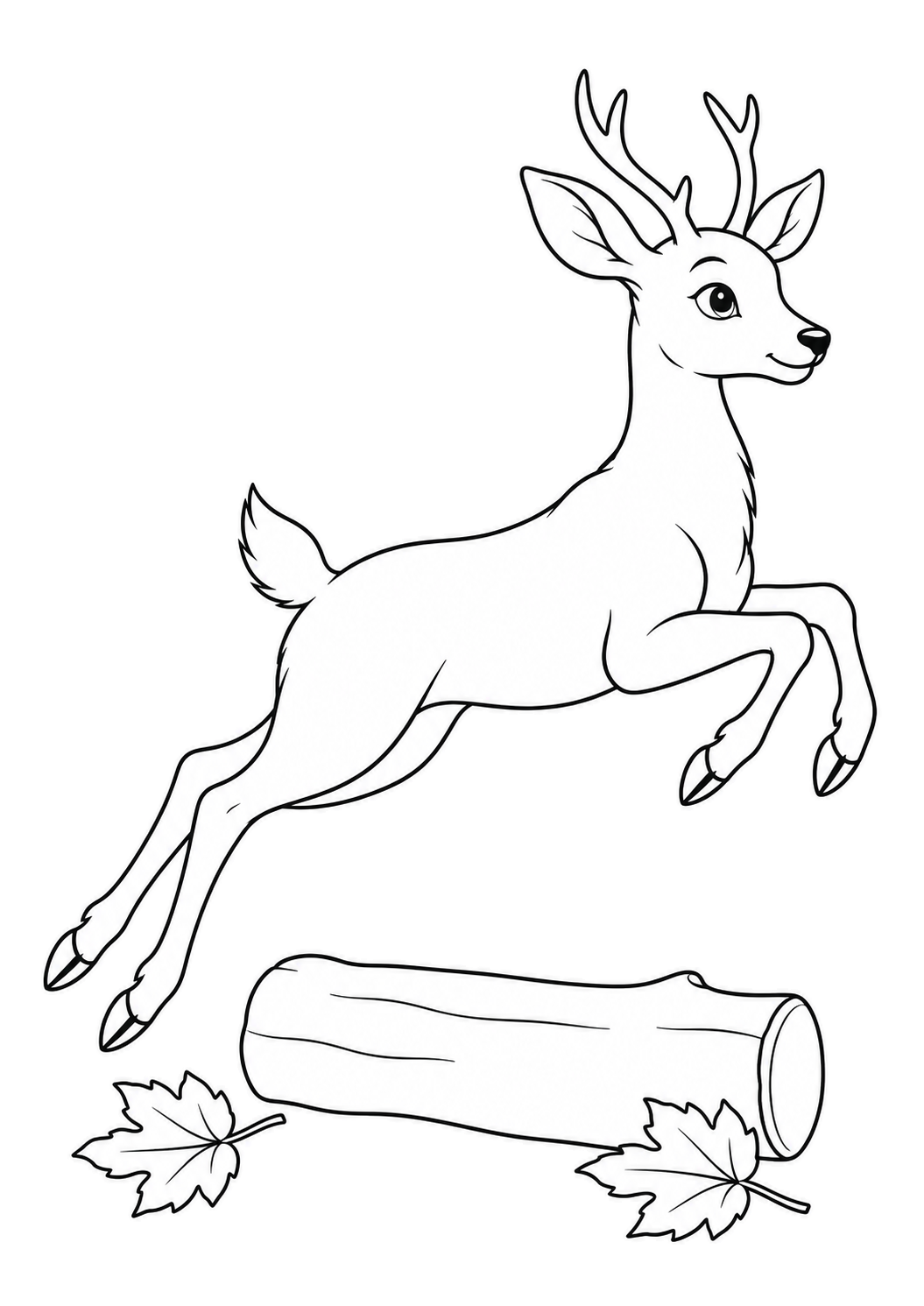 Un jeune cerf aux petits bois saute par-dessus un tronc tombé, près de deux feuilles d’érable.