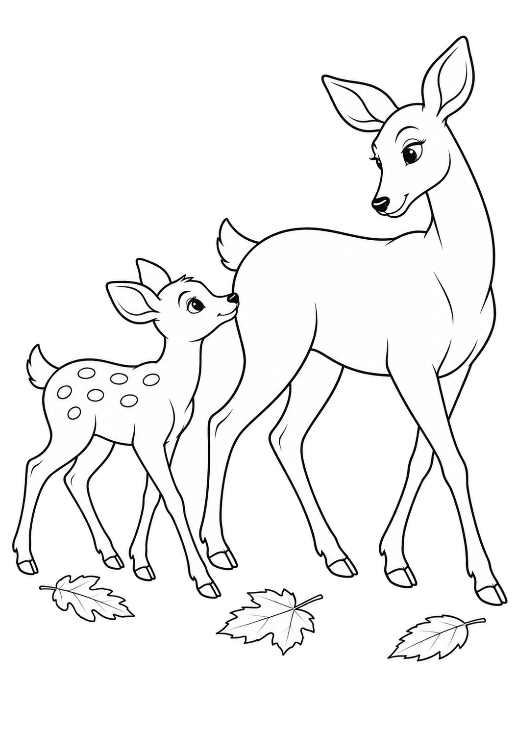 A doe looks back at the spotted fawn following her, with three fallen leaves beneath their hooves.