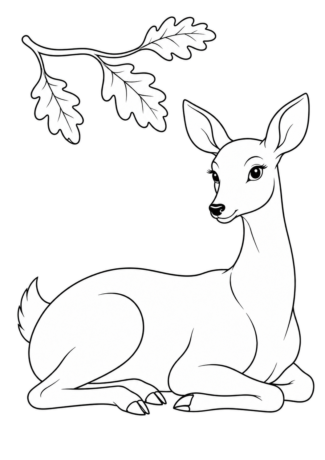 Resting doe beneath a curved oak branch with three leaves.