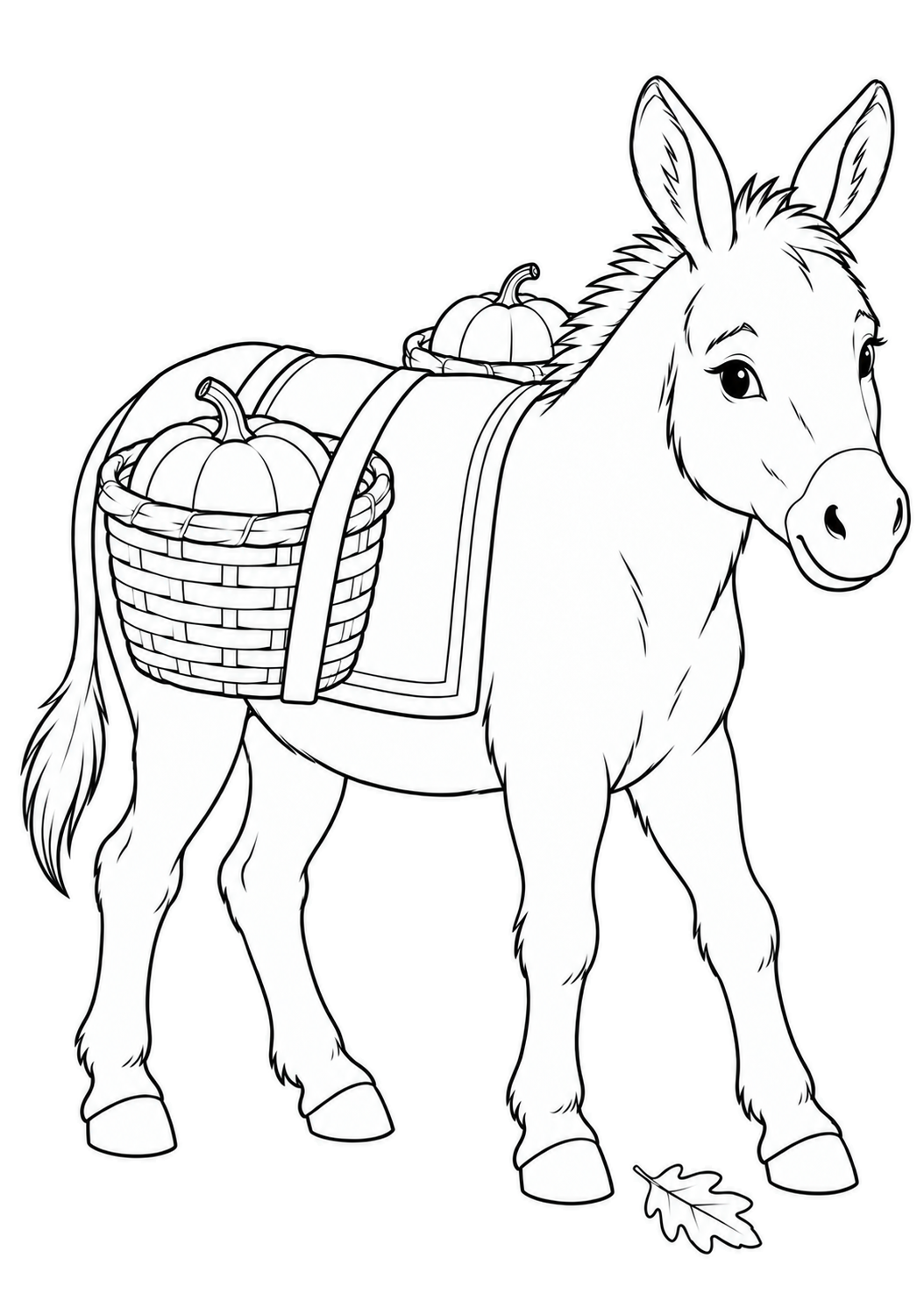 Burro con dos cestas de calabazas sobre una manta y una hoja de roble junto a las pezuñas.
