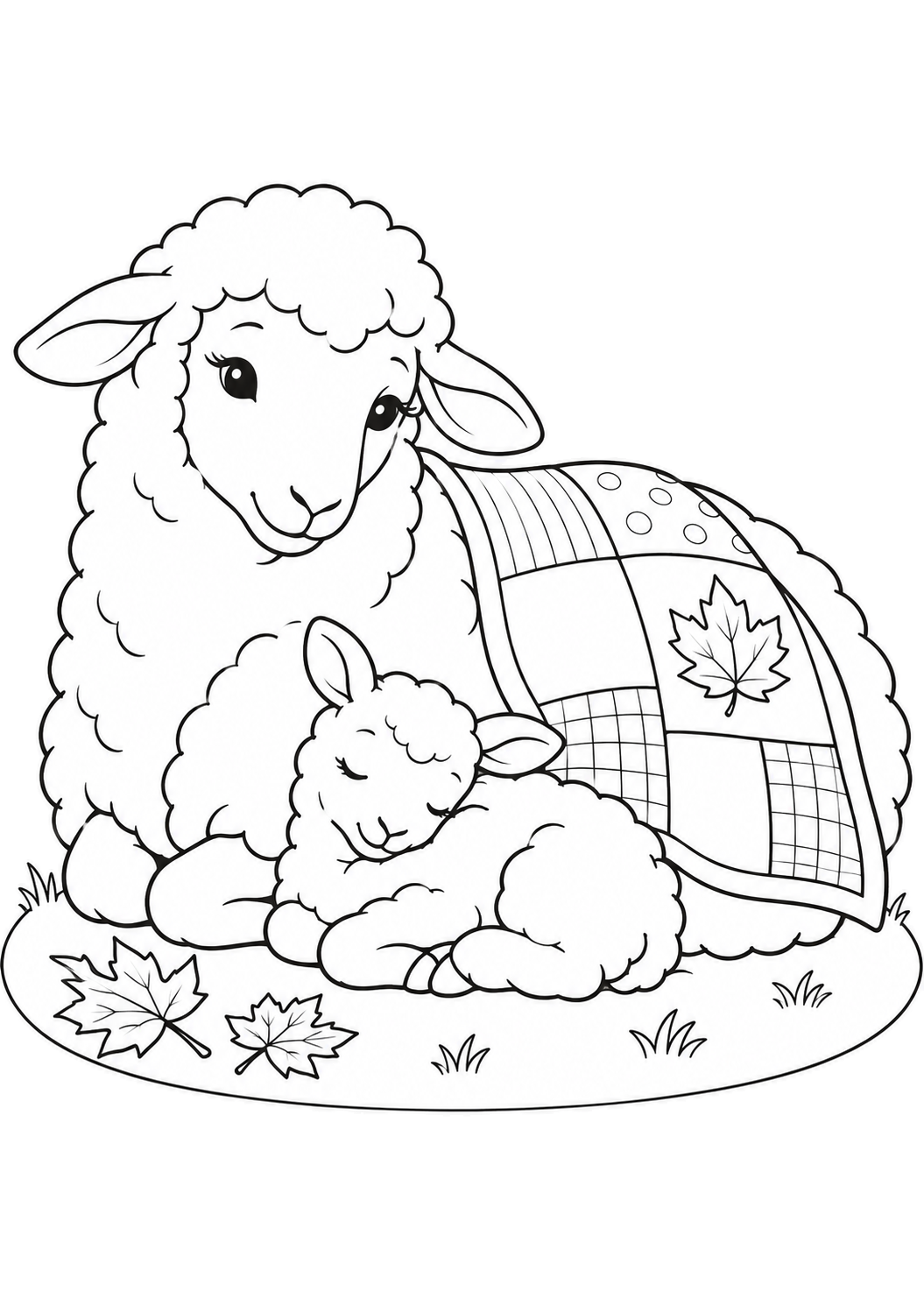 Ruhendes Schaf mit Patchworkdecke neben einem schlafenden Lamm und zwei Herbstblättern.
