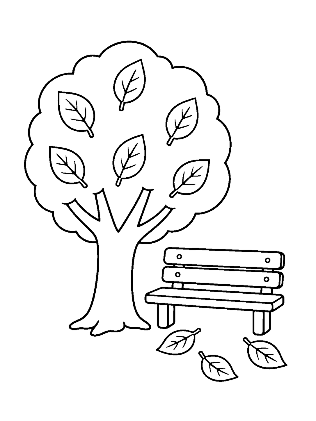 Fall Tree beside an Empty Park Bench, black-and-white coloring page.