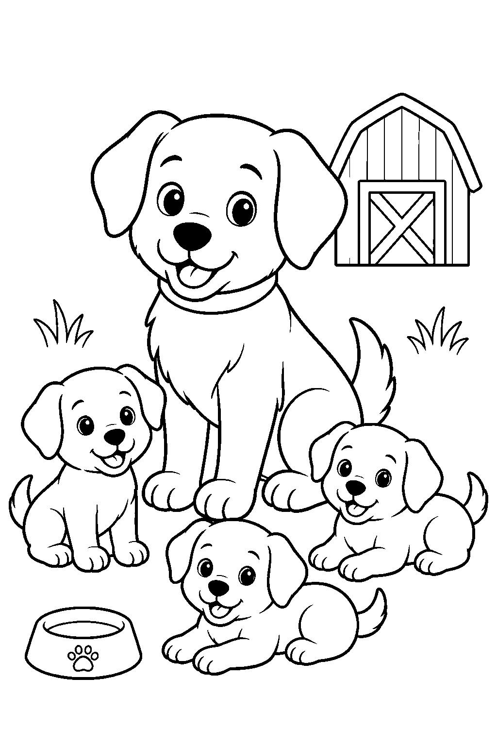 Famiglia di cane della fattoria e cuccioli da colorare