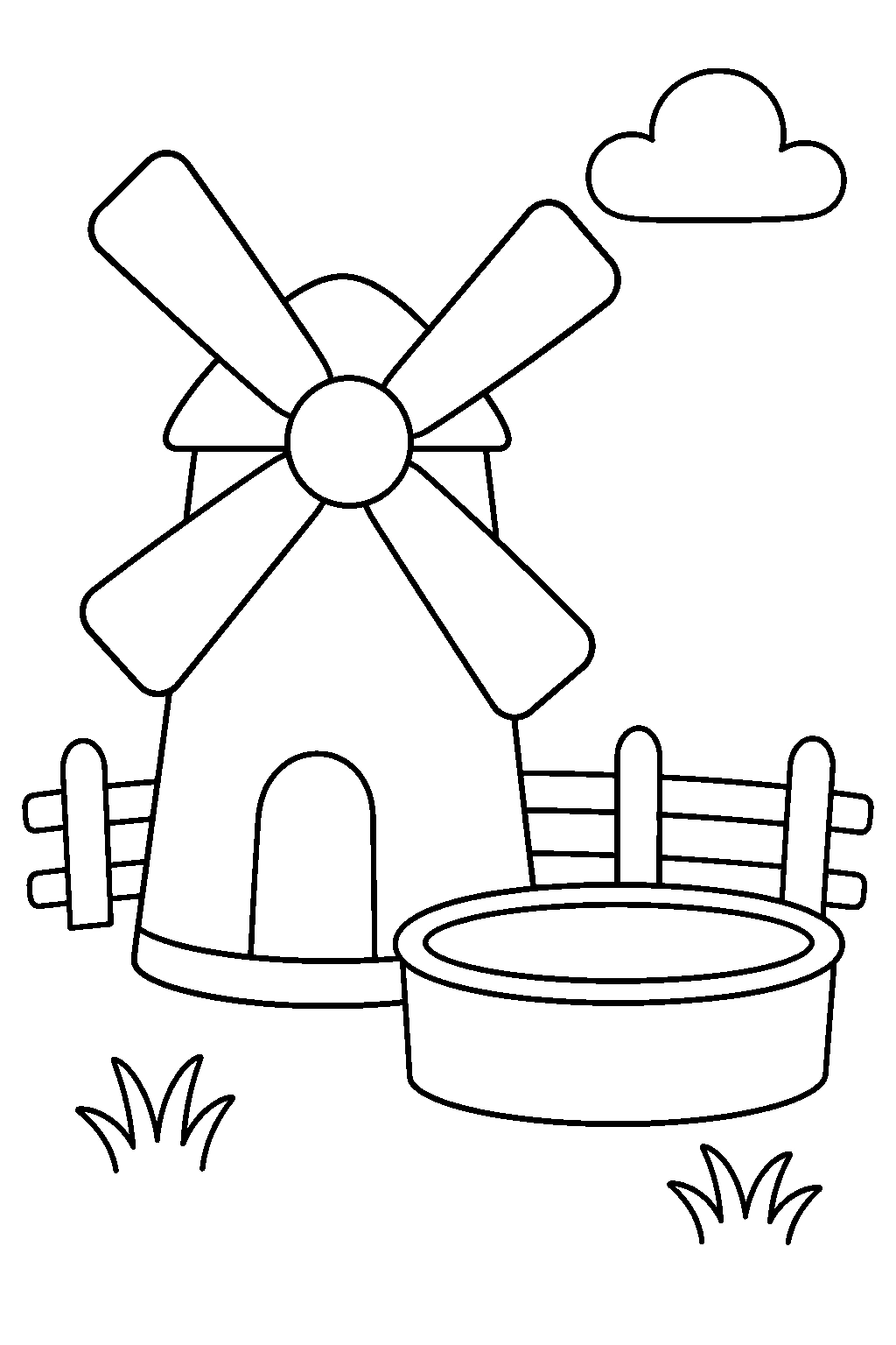 Bauernhof-Windmühle und Wassertrog Ausmalbild