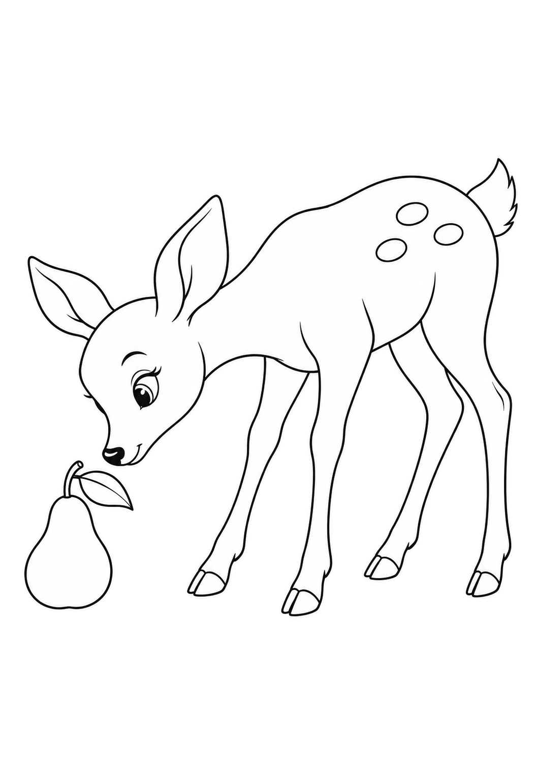 Fawn lowering its nose toward a pear with a curved stem and leaf.