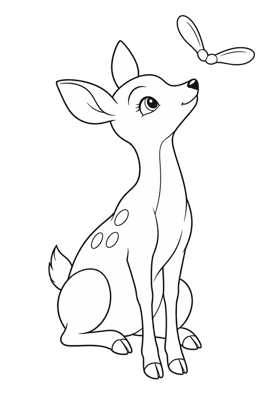 Seated fawn looking up at a pair of joined winged maple seeds.