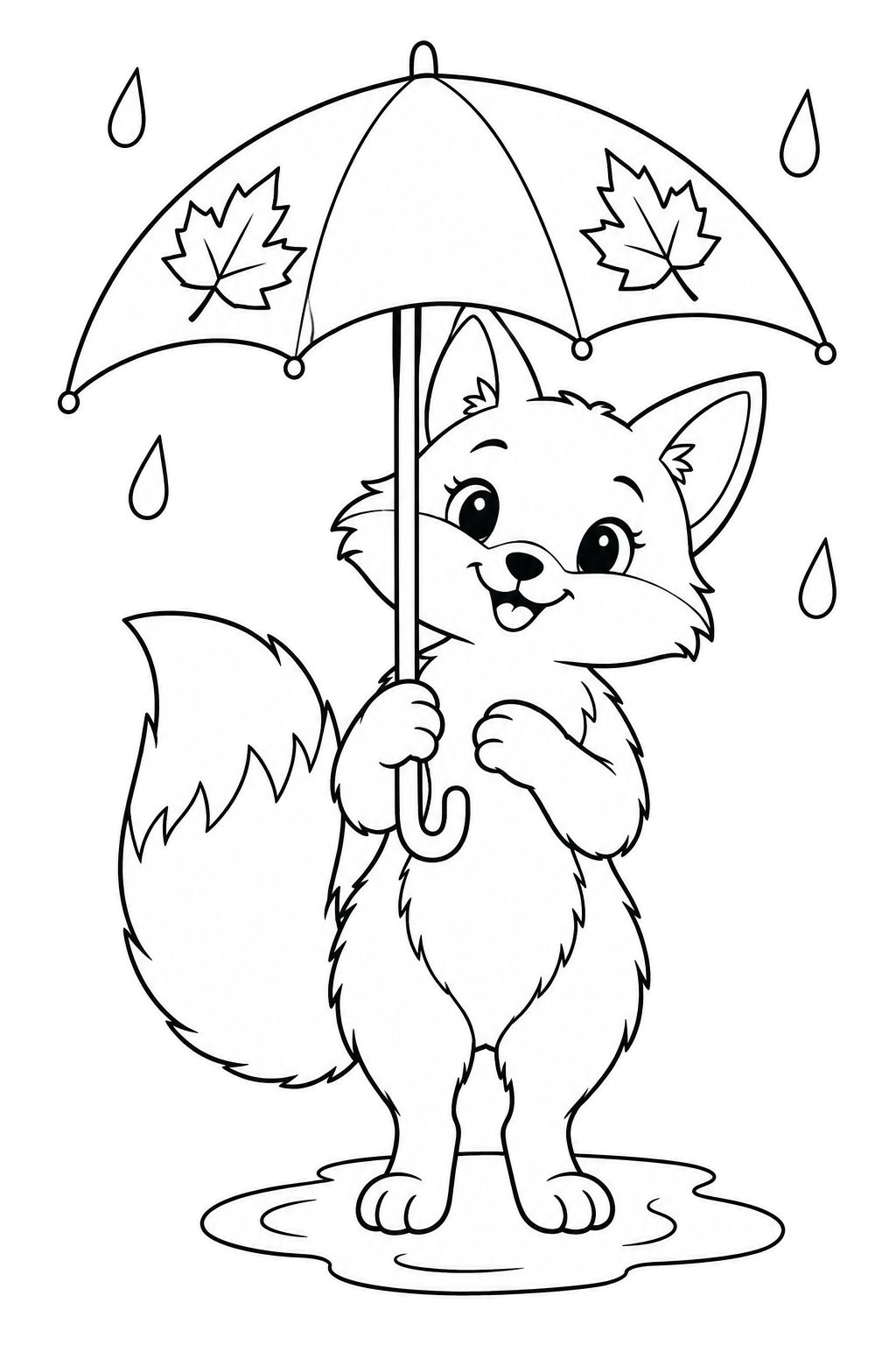 A smiling fox with a bushy tail holds a maple-leaf umbrella while standing in a small puddle.