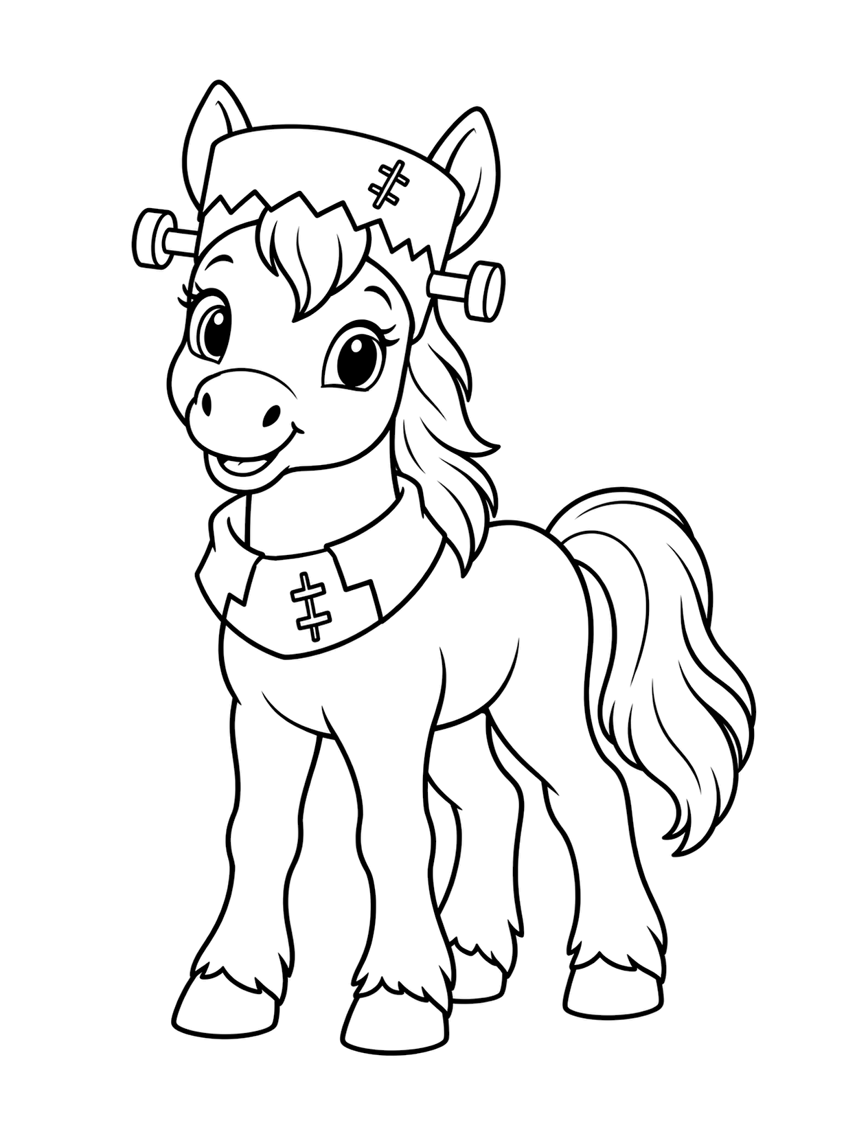 Frankenstein Foal Coloring Page with one central horse, broad coloring spaces, simple Halloween costume detail, and a white background