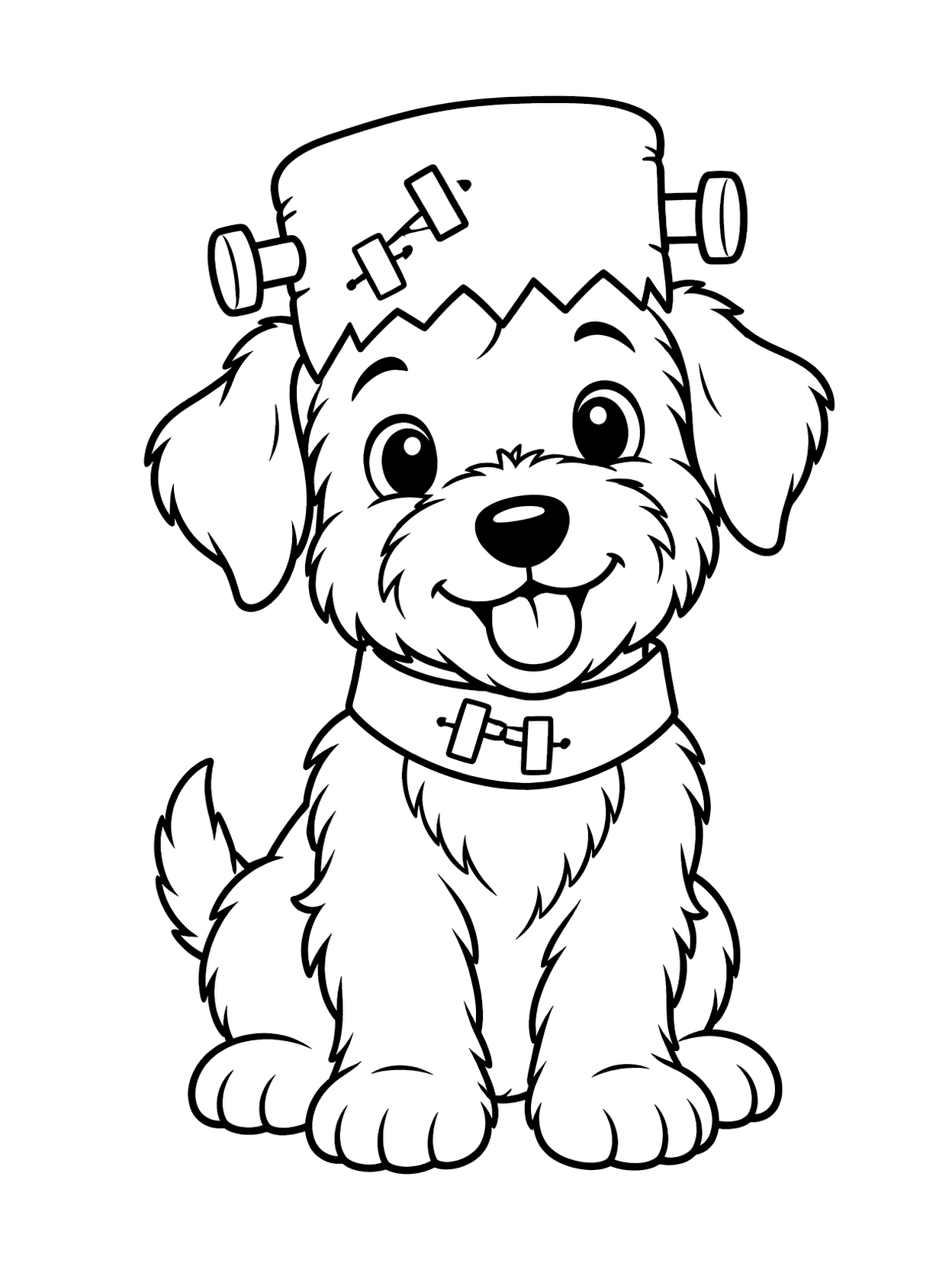Frankenstein Monster Puppy Coloring Page with one central dog, broad coloring spaces, simple Halloween costume detail, and a white background