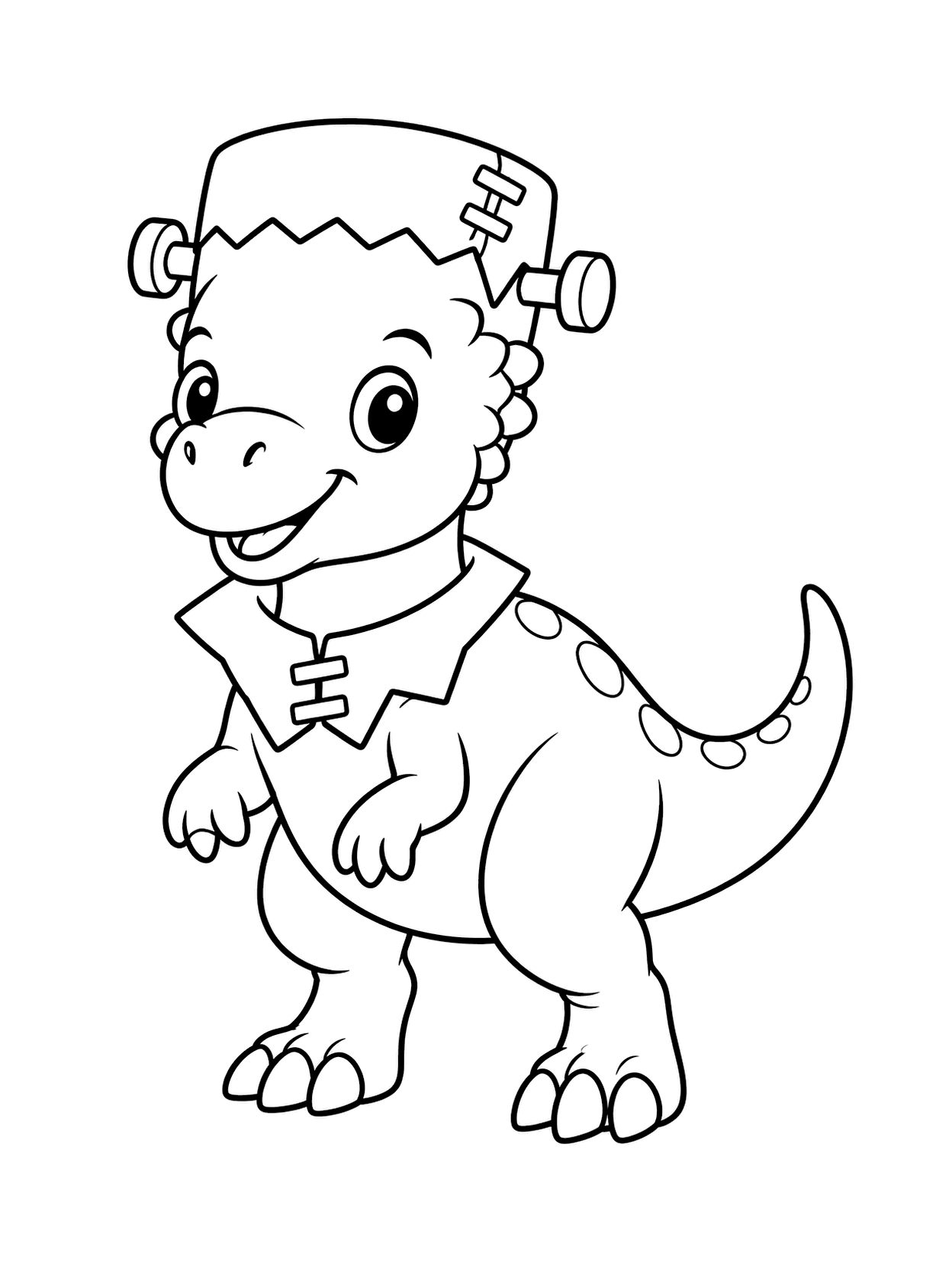 Frankenstein Pachycephalosaurus Coloring Page with one central dinosaur, broad coloring spaces, simple Halloween costume detail, and a white background