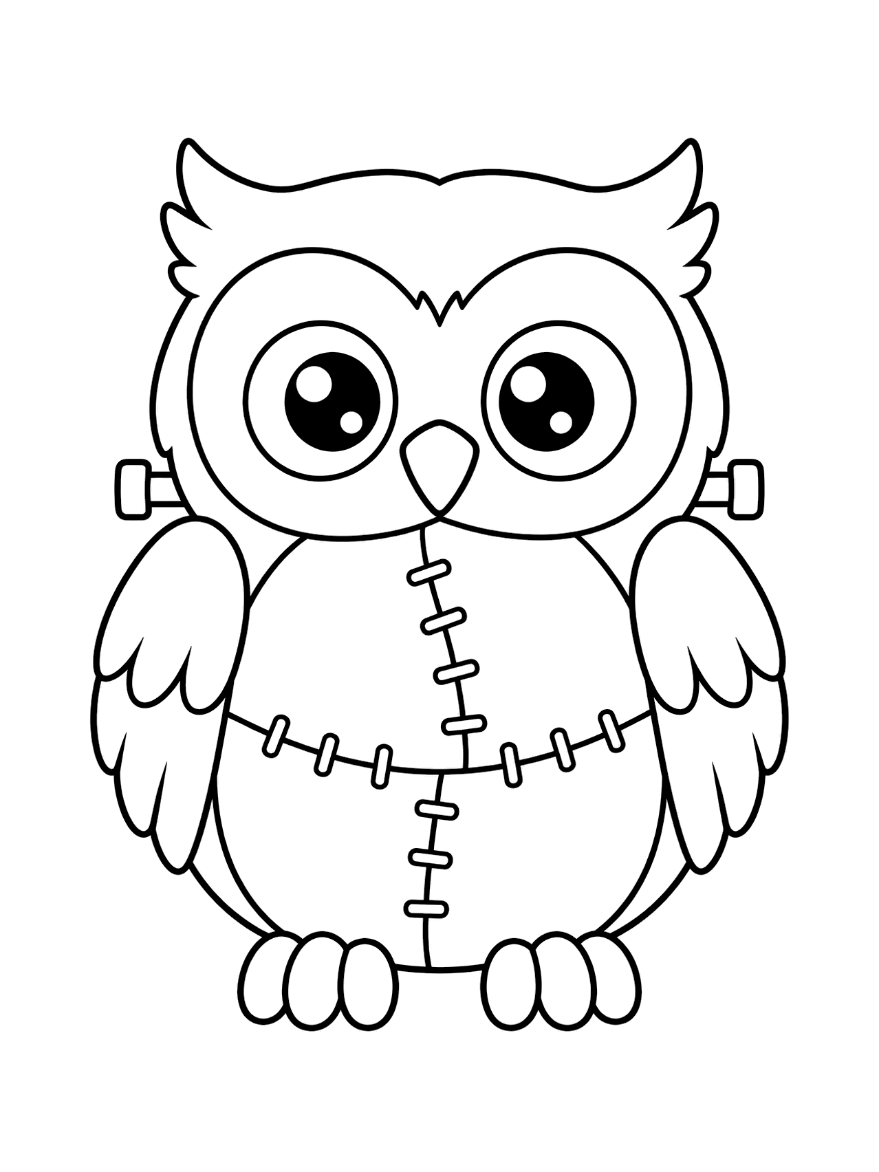 Hibou Frankenstein avec coutures à colorier avec un hibou mignon avec des panneaux cousus sur le ventre façon Frankenstein, deux petits boulons latéraux, des yeux ronds, des ailes en couches et un costume simple, dessin au trait noir sur fond blanc