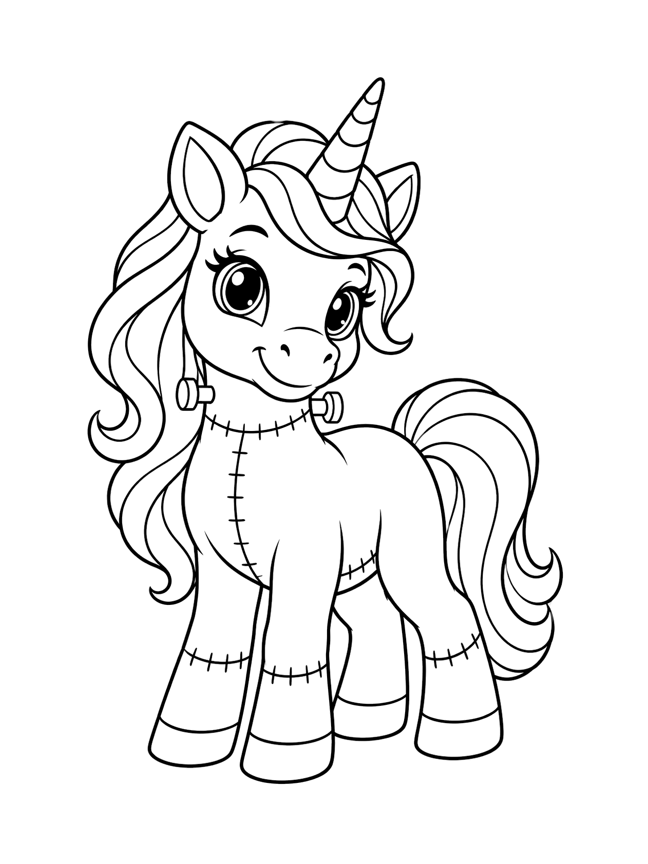 Licorne Frankenstein avec coutures à colorier avec une licorne d’Halloween mignonne avec panneaux cousus façon Frankenstein et petits boulons au cou, une corne rayée, une crinière fluide, un corps arrondi et des sabots simples, dessin au trait noir sur fond blanc