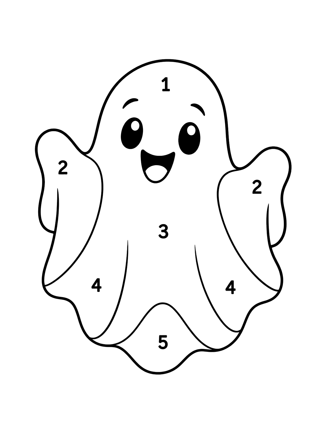 Friendly Ghost Color by Number Page with one central Halloween object, clear numbers, broad coloring spaces, and a white background