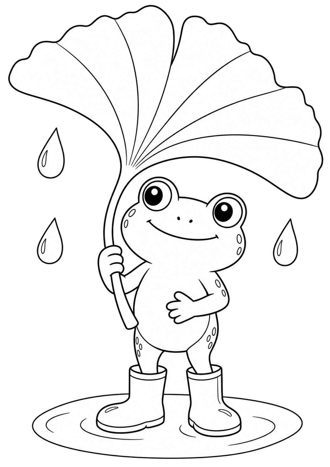 Frog holding a large ginkgo leaf as an umbrella, wearing rain boots and standing in a puddle with three raindrops nearby.