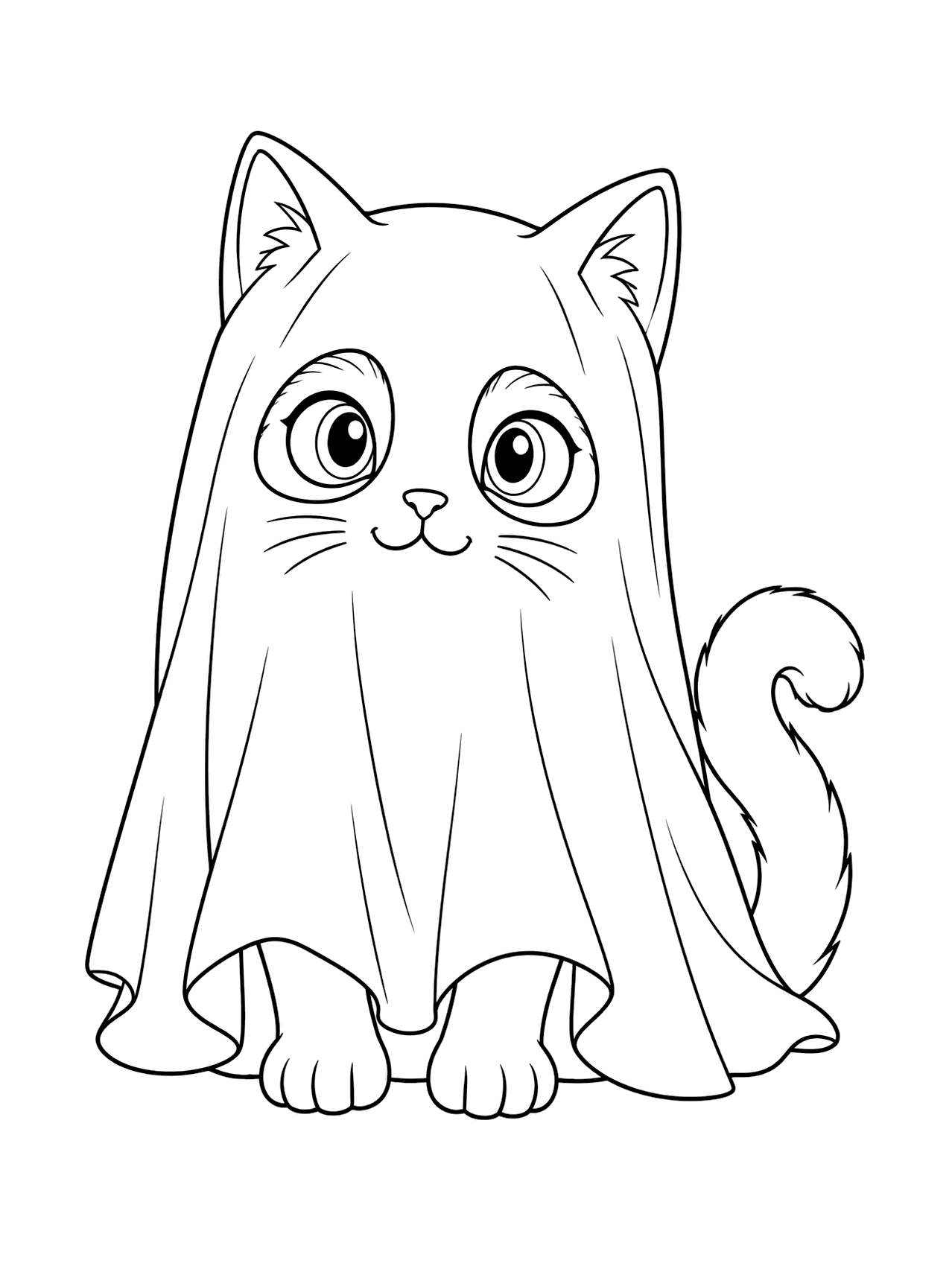 Gatto con costume da fantasma da colorare con un gatto con un semplice costume da fantasma, orecchie visibili, grandi aperture per gli occhi, zampe anteriori e coda arricciata, disegnato con linee nere su sfondo bianco