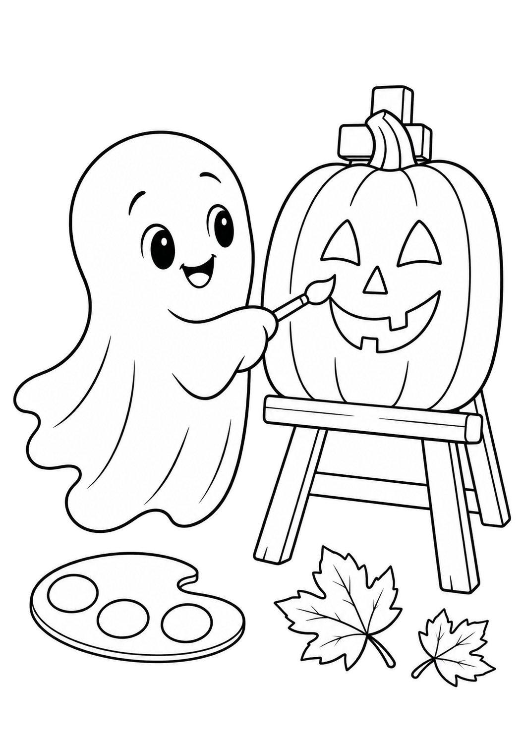 Friendly ghost painting a jack-o-lantern face on a pumpkin easel